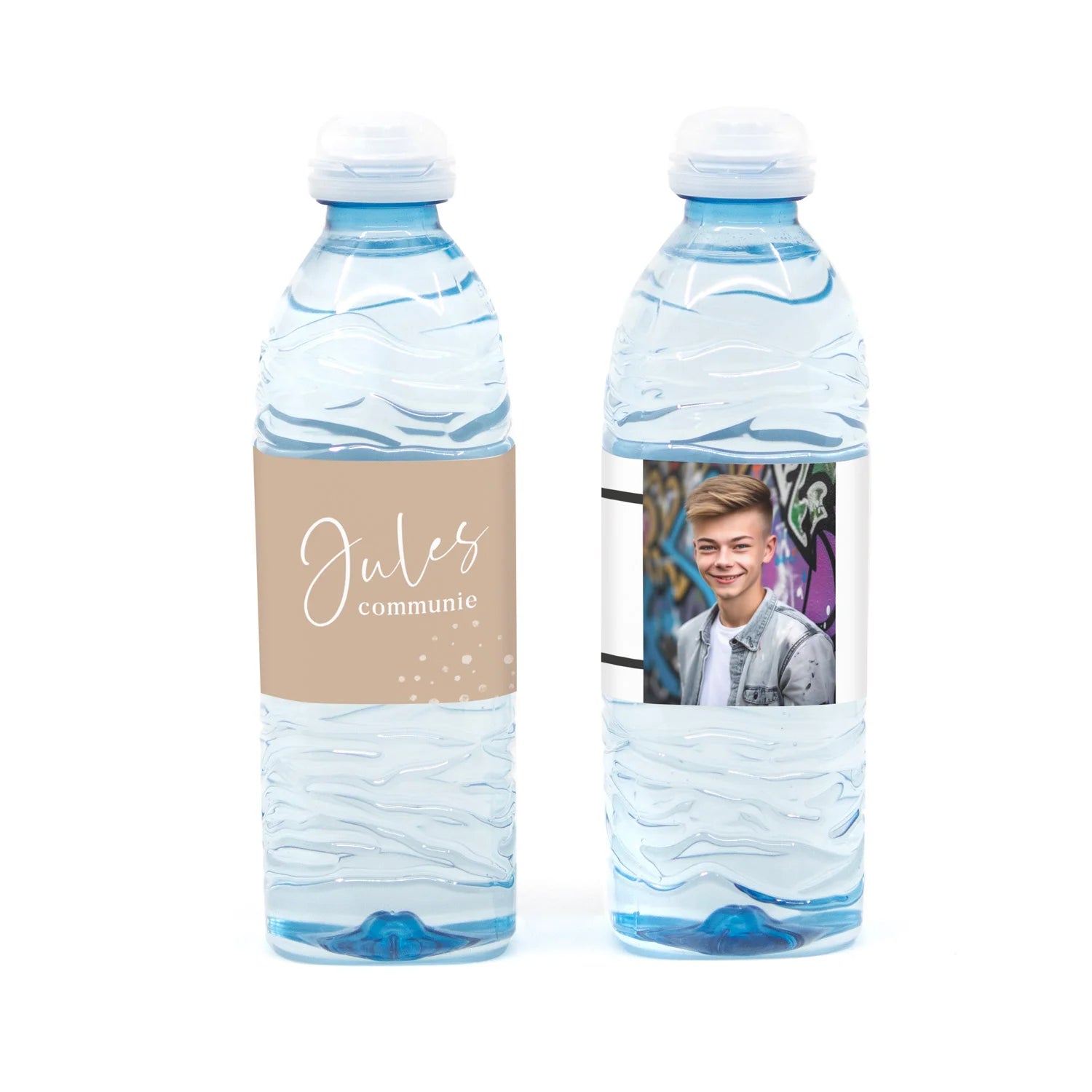 Flesje water met eigen etiket - Communie jongen