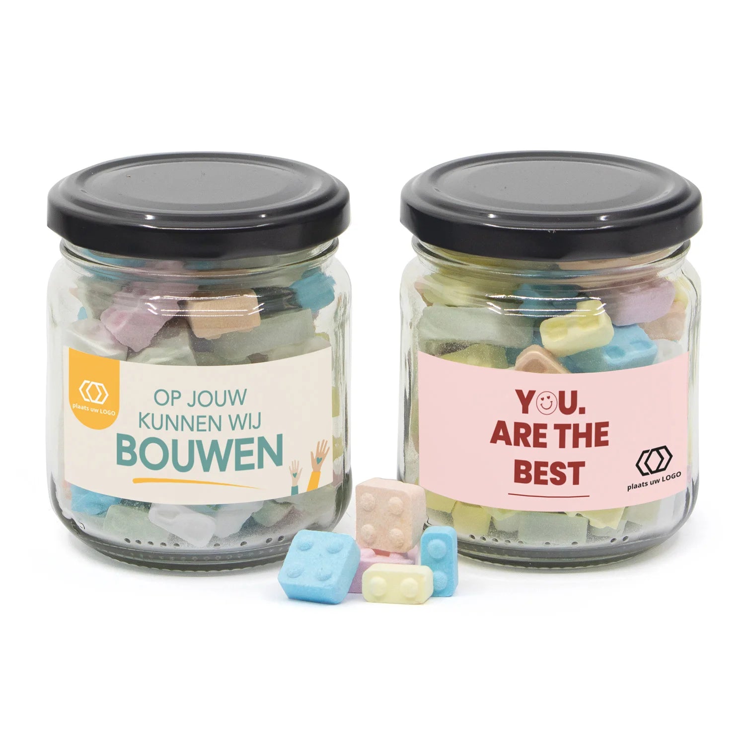 Glazen snoeppotje met bouwsteentjes - Zakelijk