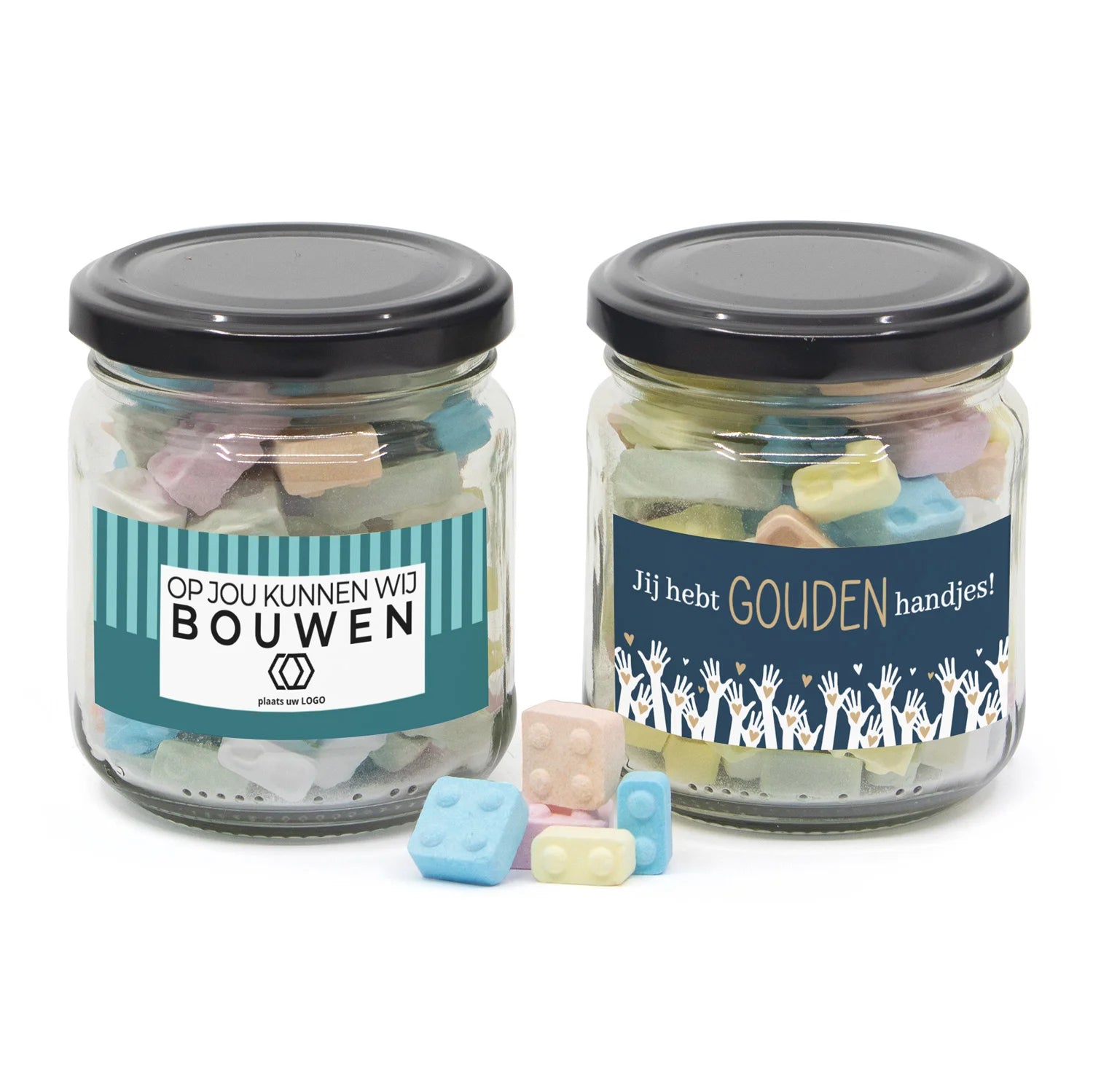 Glazen snoeppotje met bouwsteentjes - Zakelijk