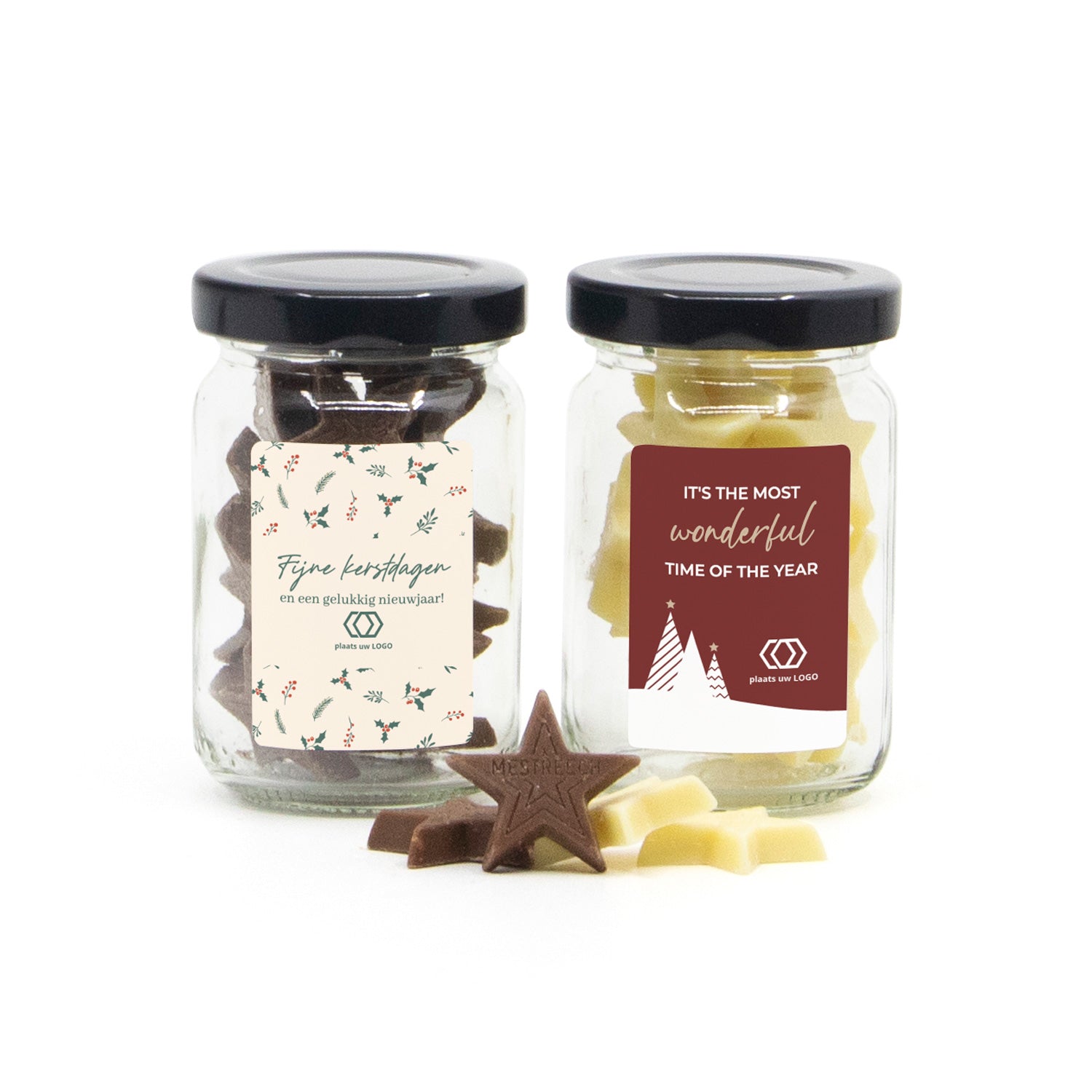 Glazen potje met chocolade sterren eigen etiket - Kerst - Bedankjes.nl