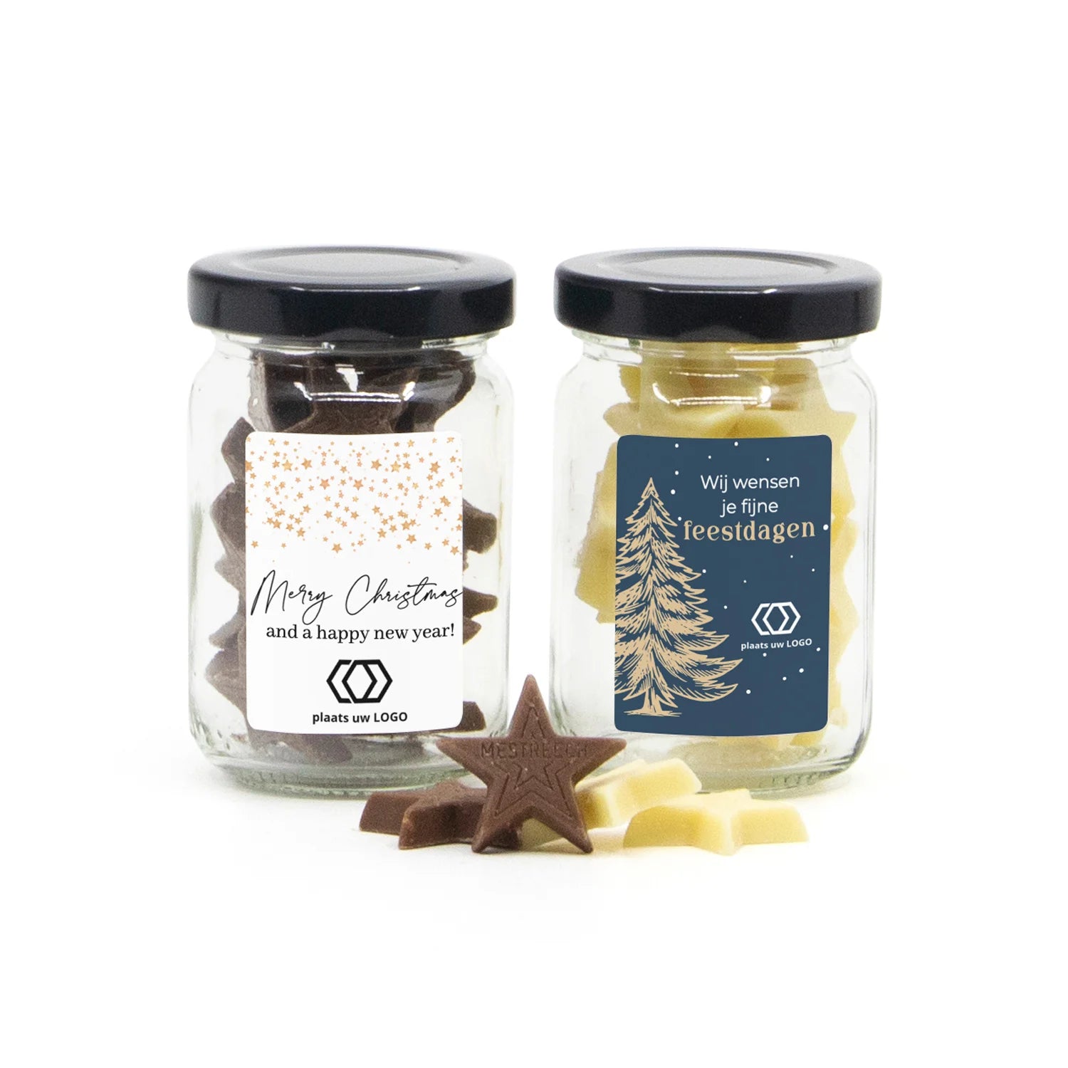 Glazen potje met chocolade sterren eigen etiket - Kerst - Bedankjes.nl