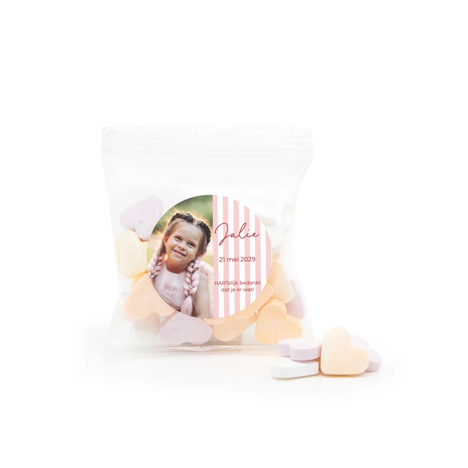 Zakje fruithartjes met eigen etiket - Communie Meisjes
