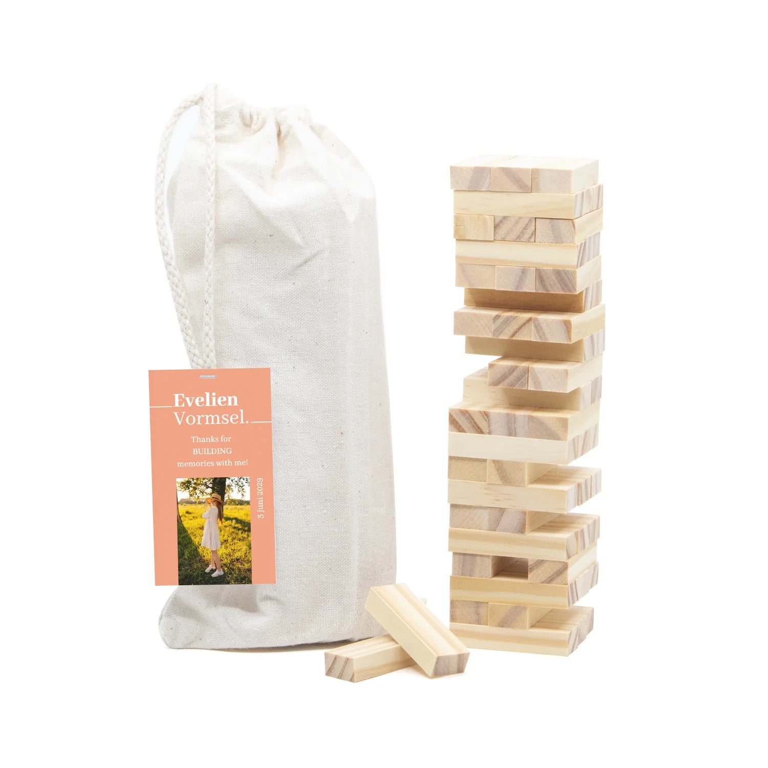 Jenga spel met persoonlijk kaartje - Communie meisjes
