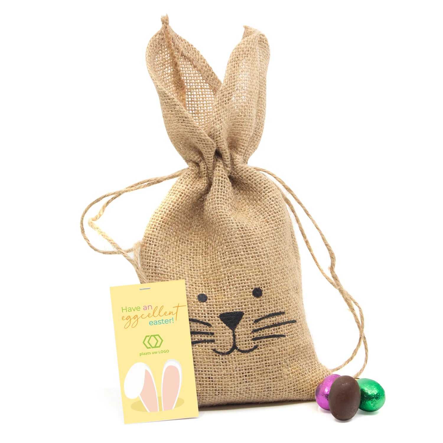 Jutezak met paaseitjes en eigen kaartje - Pasen - Bedankjes.nl