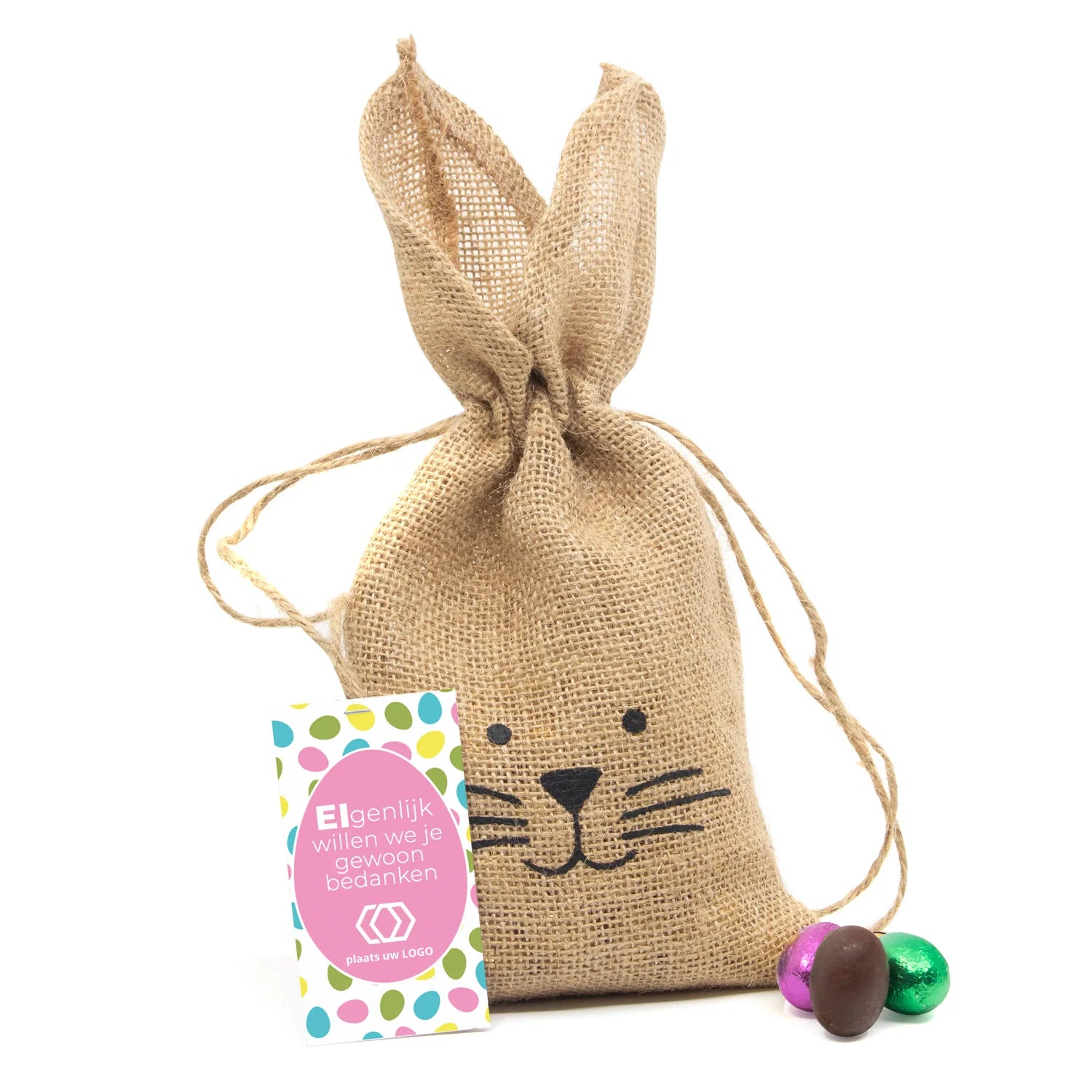 Jutezak met paaseitjes en eigen kaartje - Pasen - Bedankjes.nl