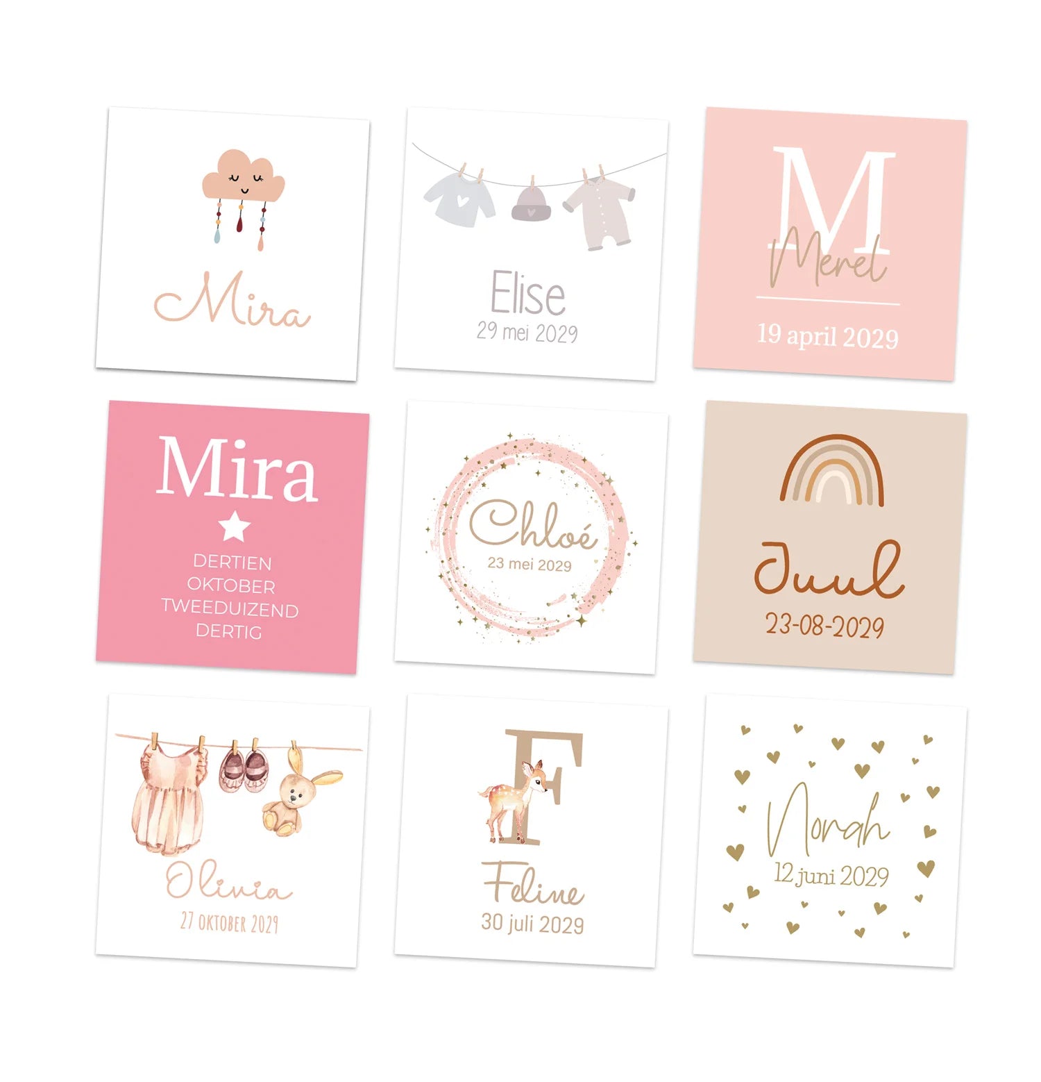 Kaartjes (5 x 5cm)- Geboorte meisjes