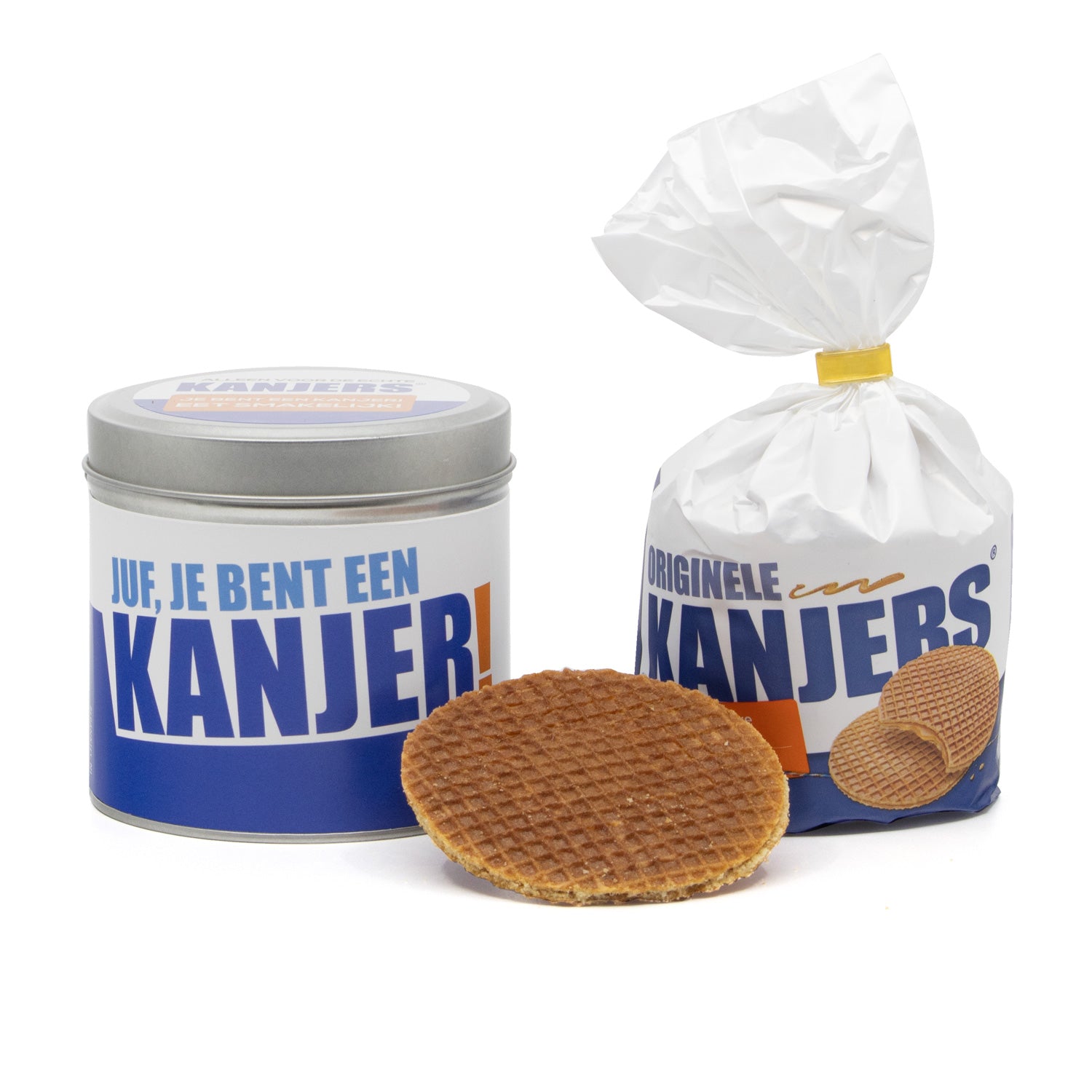 Meester/Juf kanjers stroopwafels in blik - Bedankjes.nl