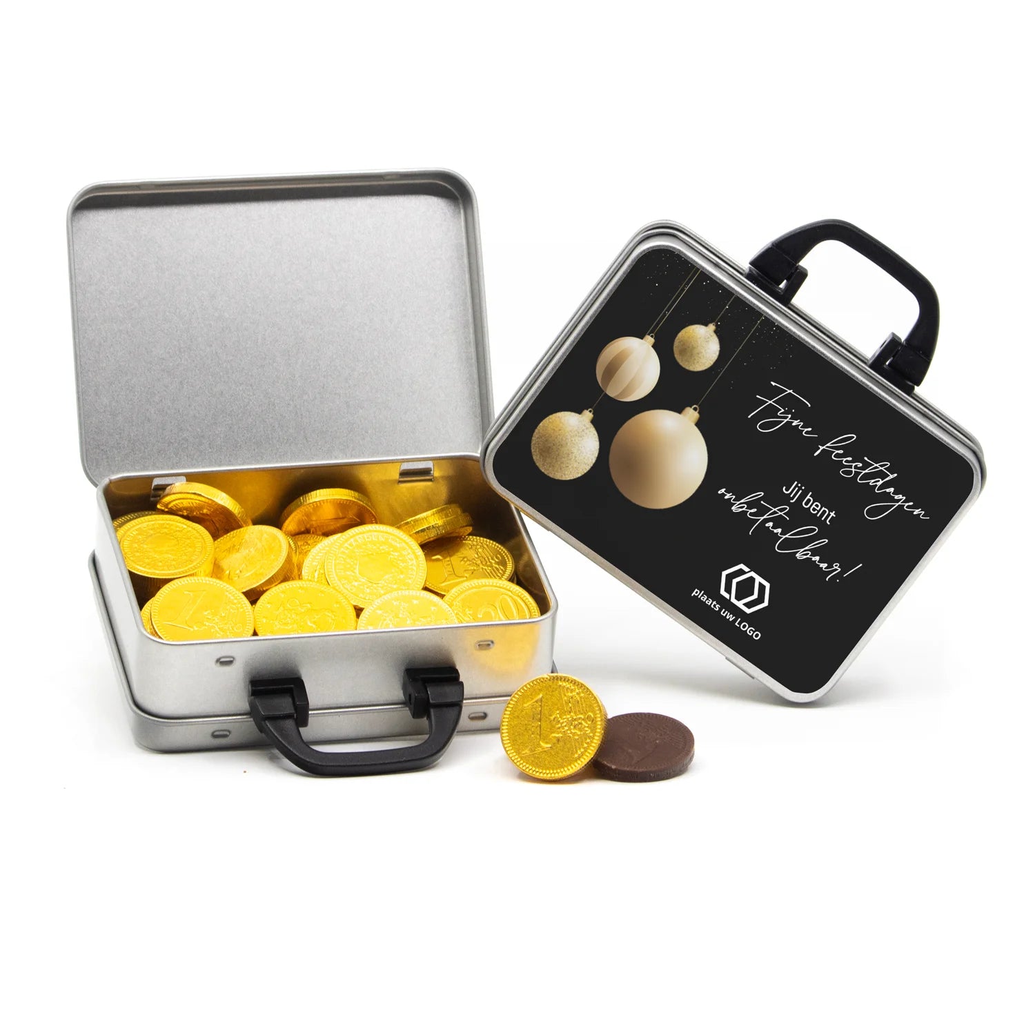 Koffertje van blik met chocolade munten - kerst