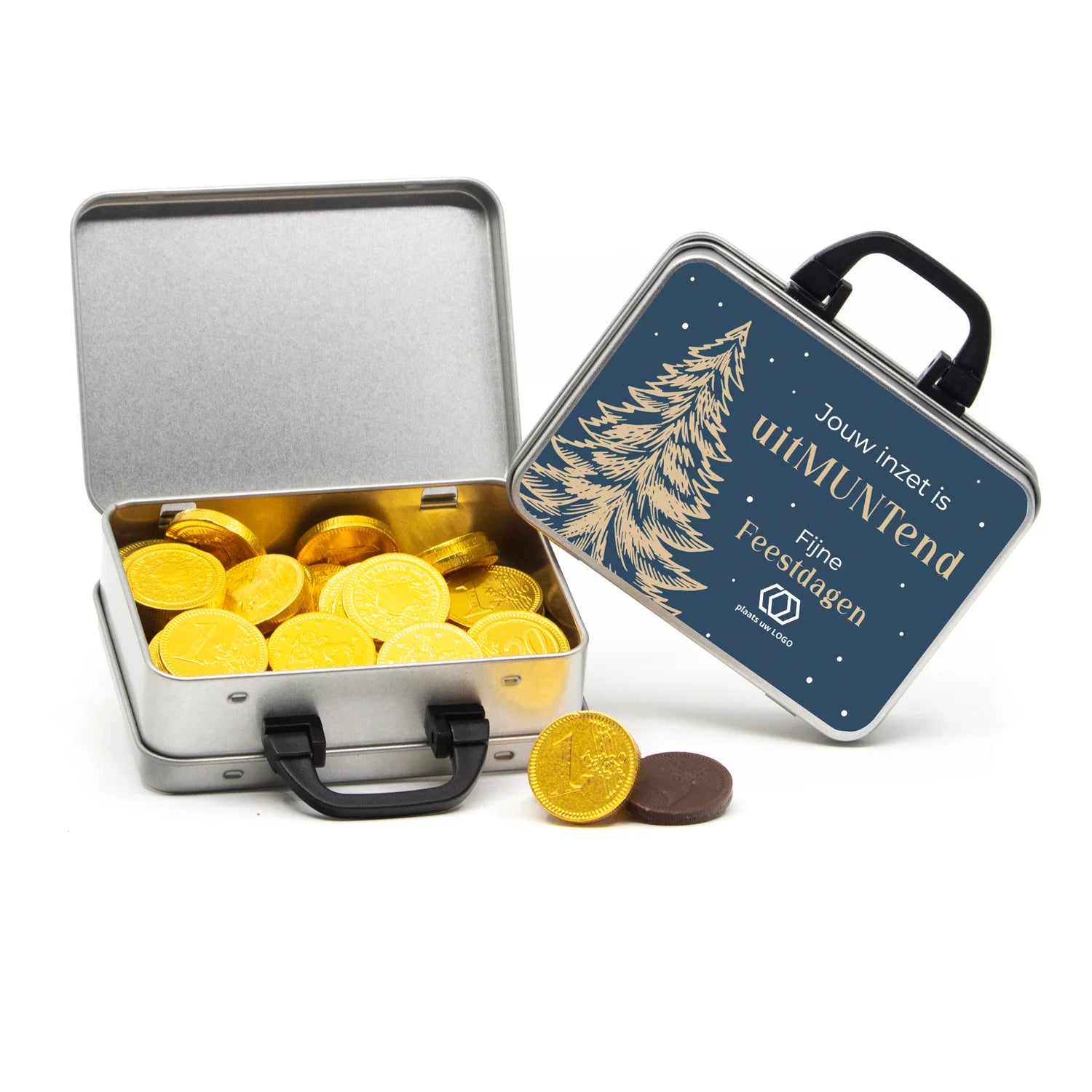 Koffertje van blik met chocolade munten - kerst