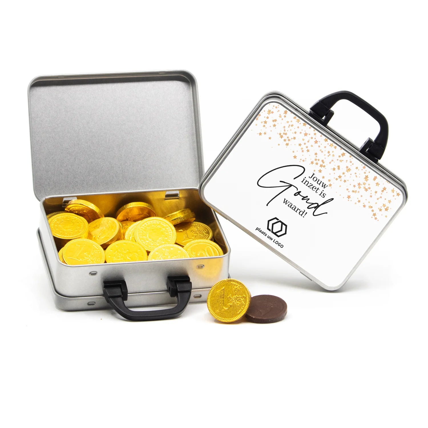 Koffertje van blik met chocolade munten - kerst