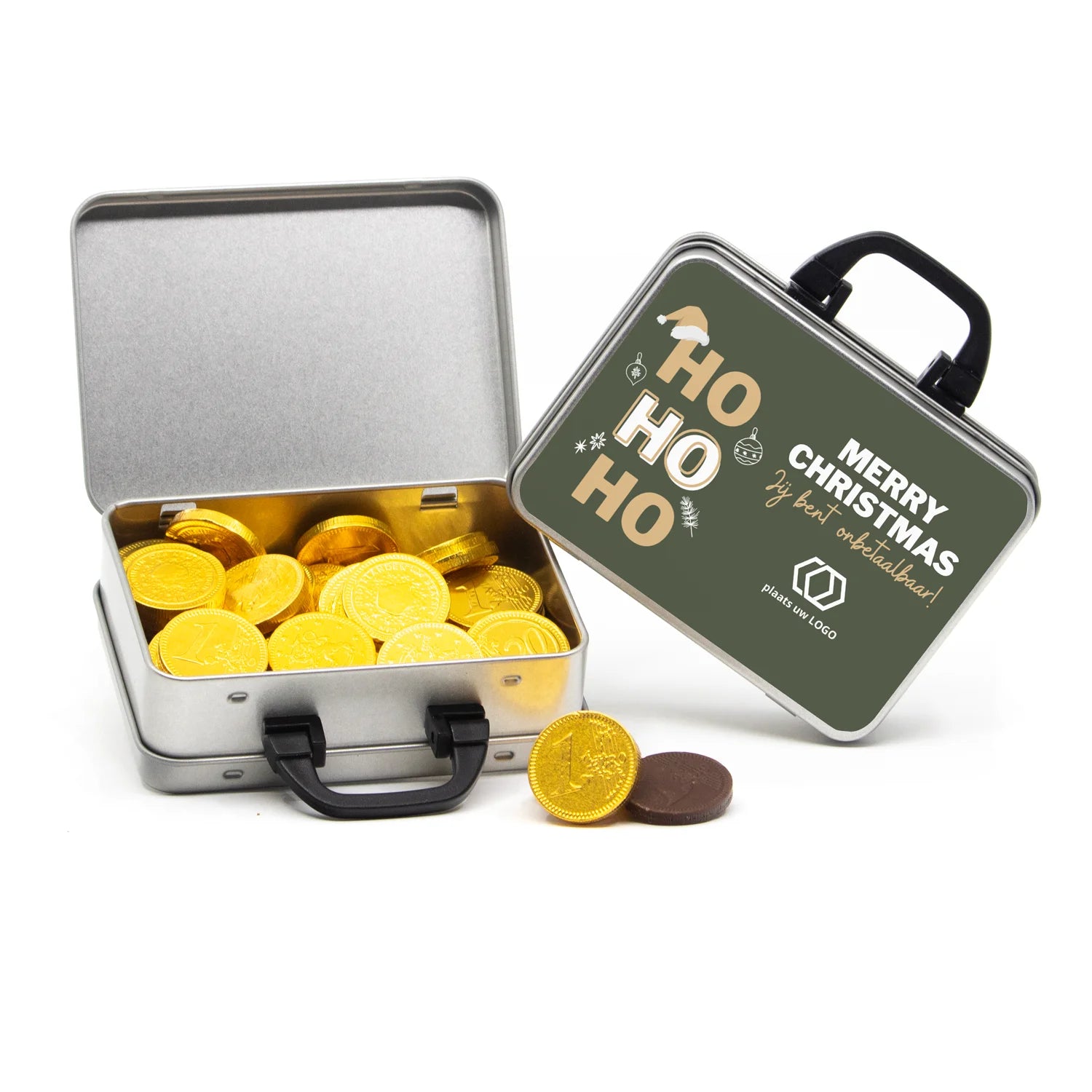 Koffertje van blik met chocolade munten - kerst