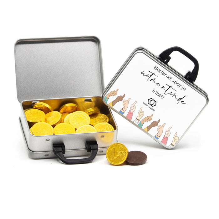 Koffertje van blik met chocolade munten - vrijwilliger