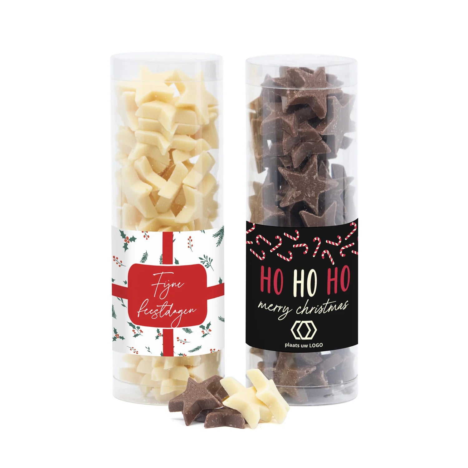 Koker met chocolade sterren en eigen etiket - Kerst - Bedankjes.nl