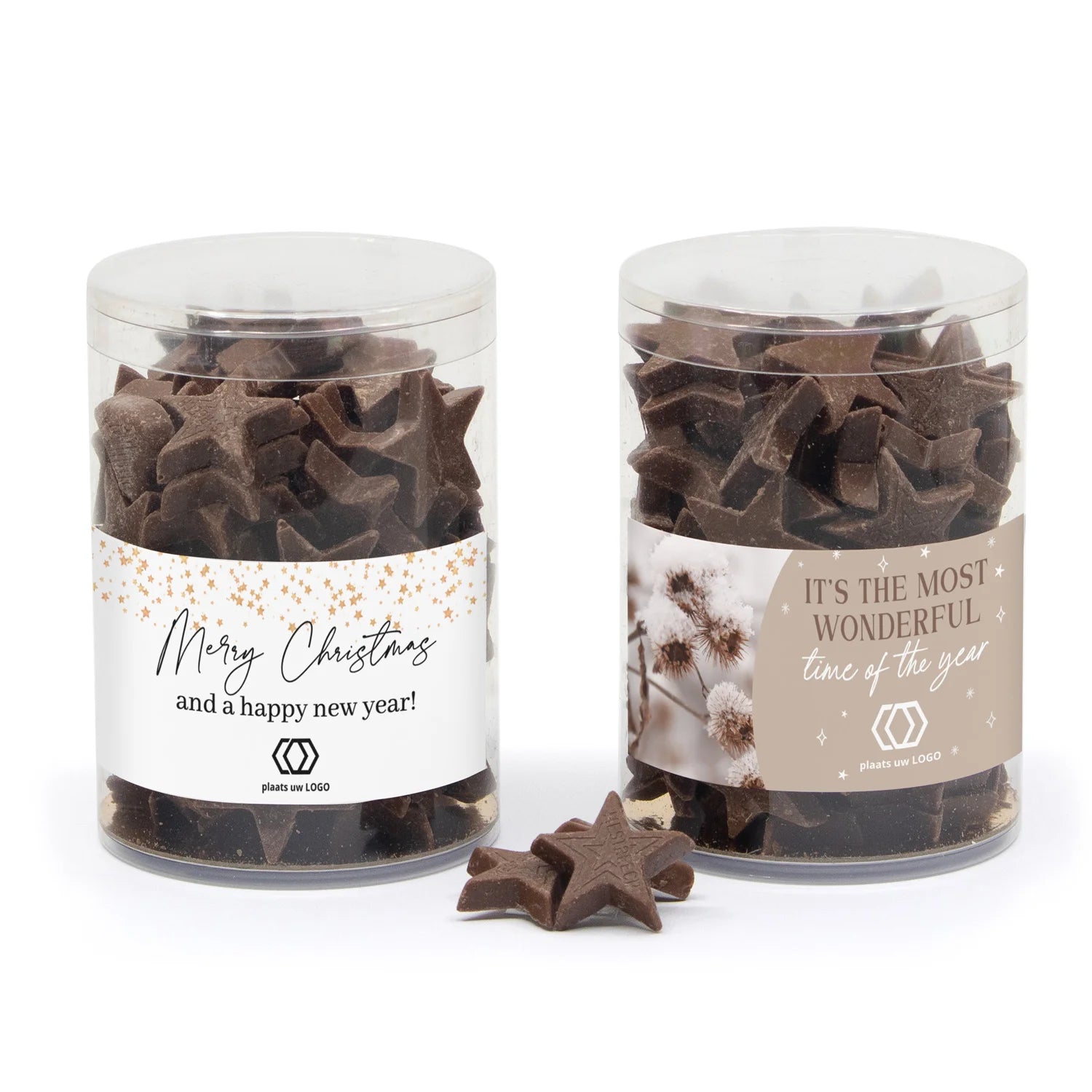 Koker met chocolade sterren en eigen etiket - Kerst