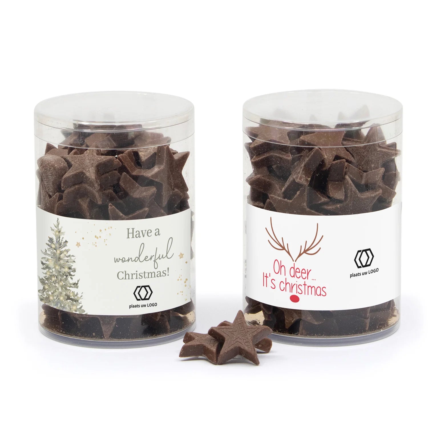 Koker met chocolade sterren en eigen etiket - Kerst