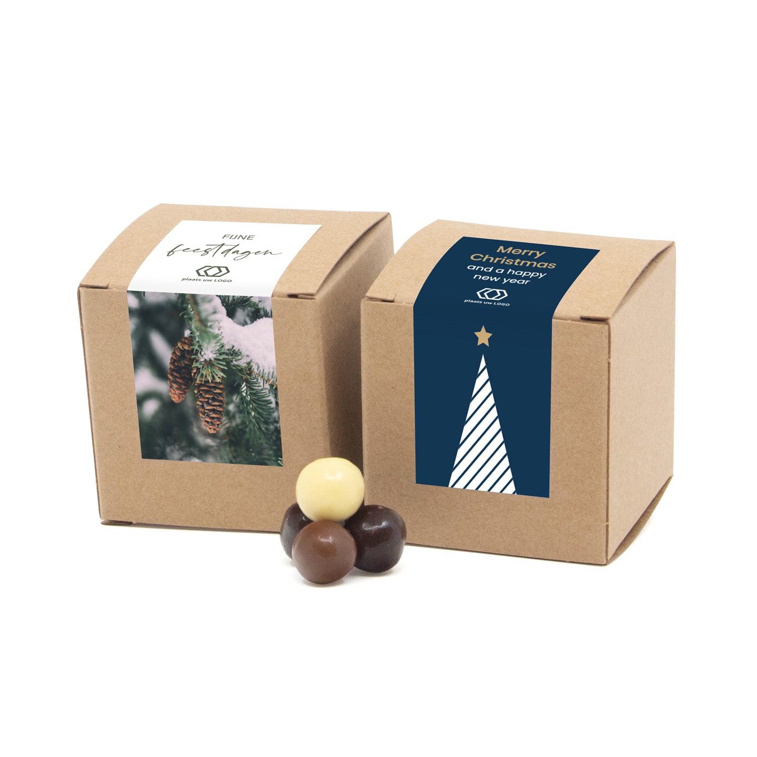 Kubusdoosje bio kraft met eigen etiket - Kerst - Bedankjes.nl
