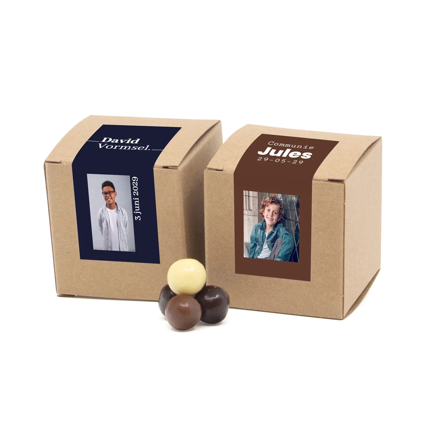 Kubusdoosje bio kraft met eigen etiket - Communie jongen