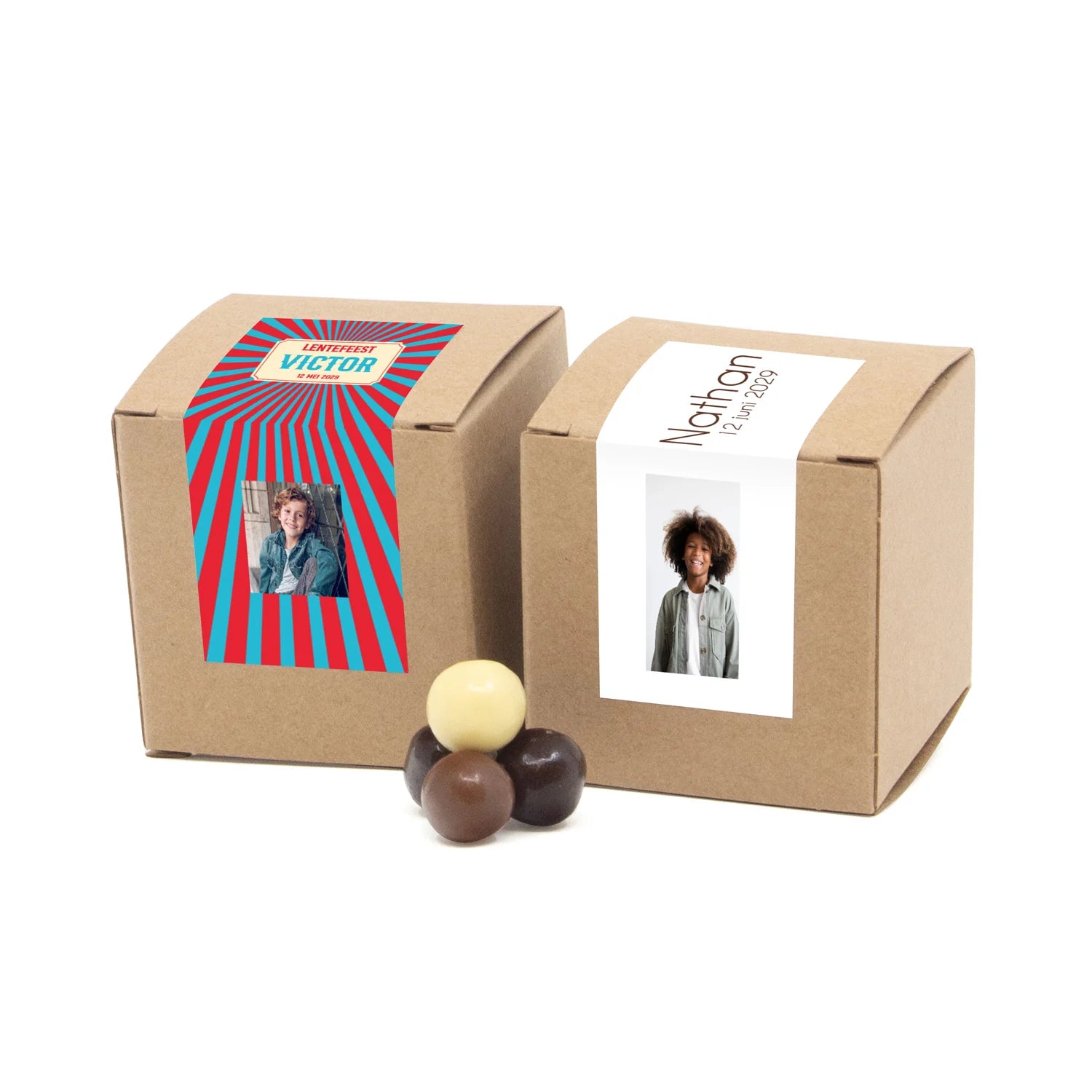 Kubusdoosje bio kraft met eigen etiket - Communie jongen