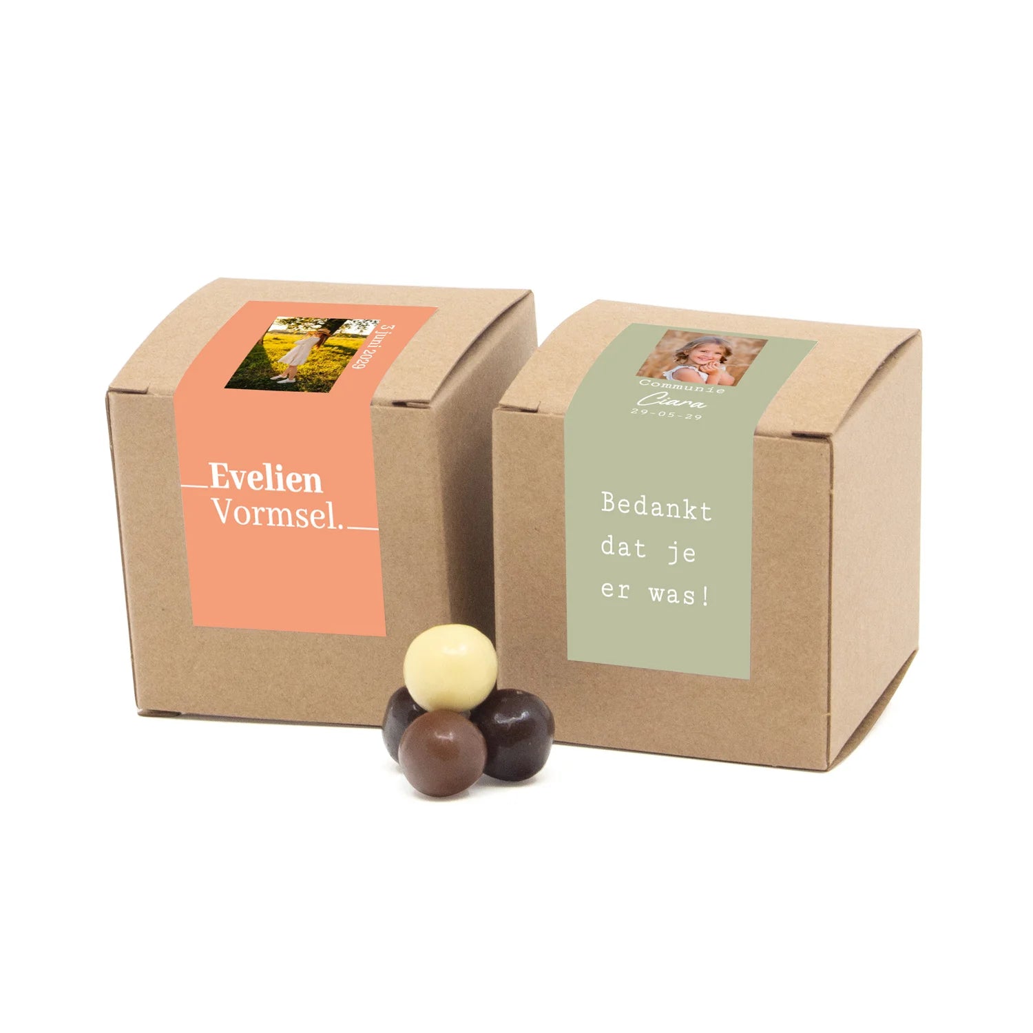 Kubusdoosje bio kraft met eigen etiket - Communie meisje