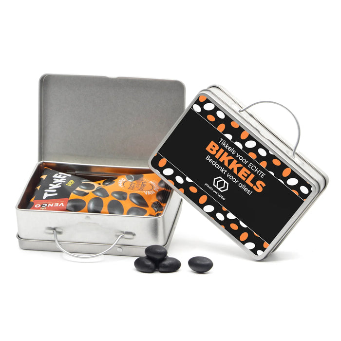 Tikkels voor bikkels in blikken koffertje - Zakelijk