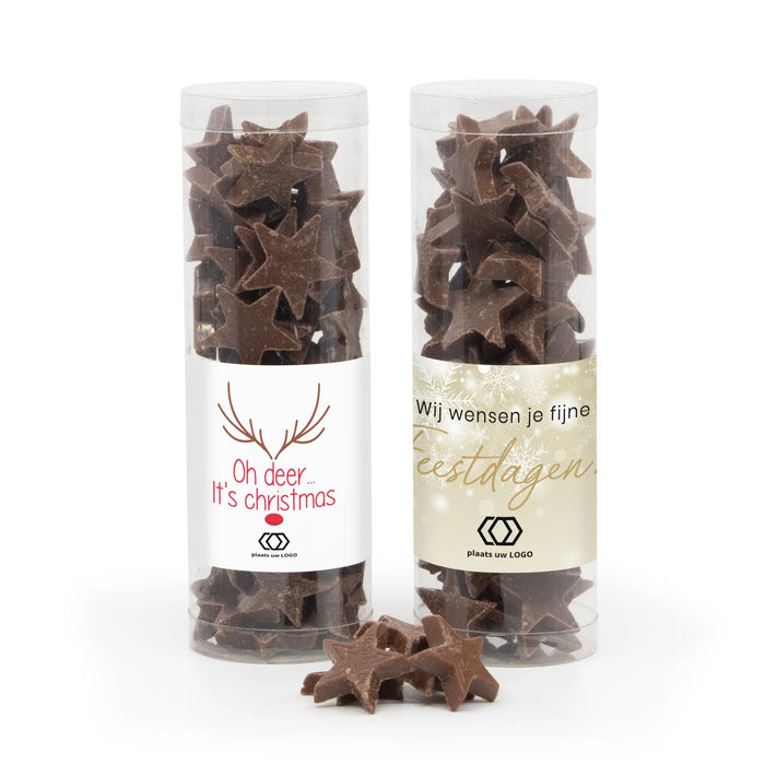 Koker met chocolade sterren en eigen etiket - Kerst