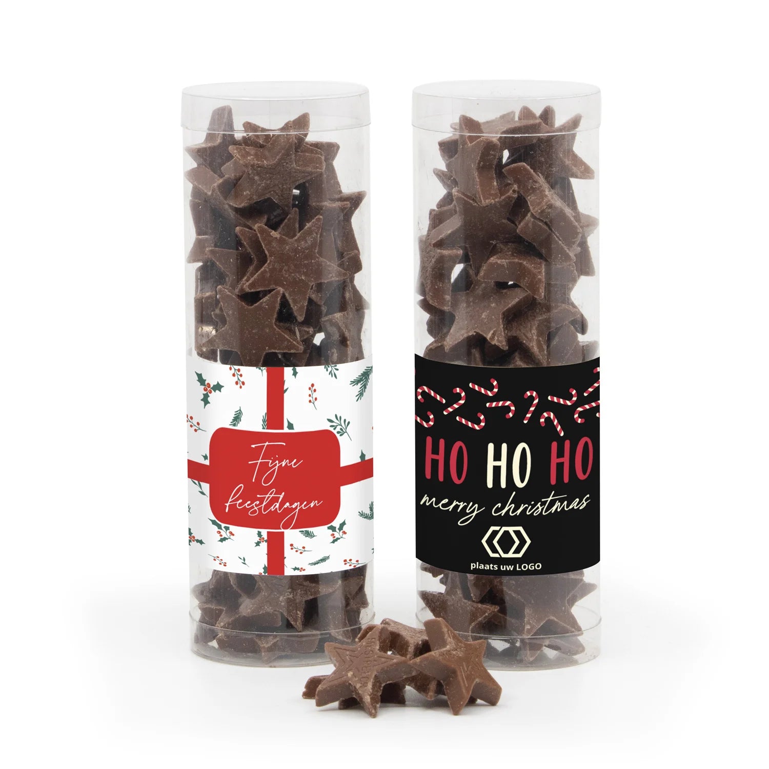 Koker met chocolade sterren en eigen etiket - Kerst - Bedankjes.nl