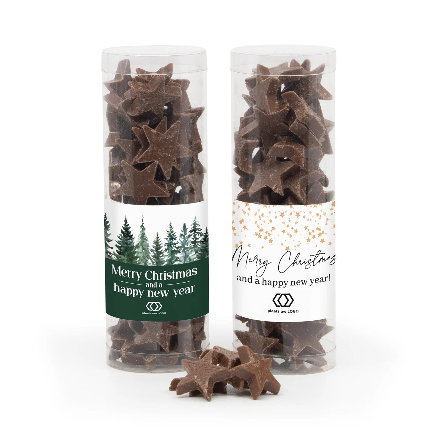 Koker met chocolade sterren en eigen etiket - Kerst - Bedankjes.nl