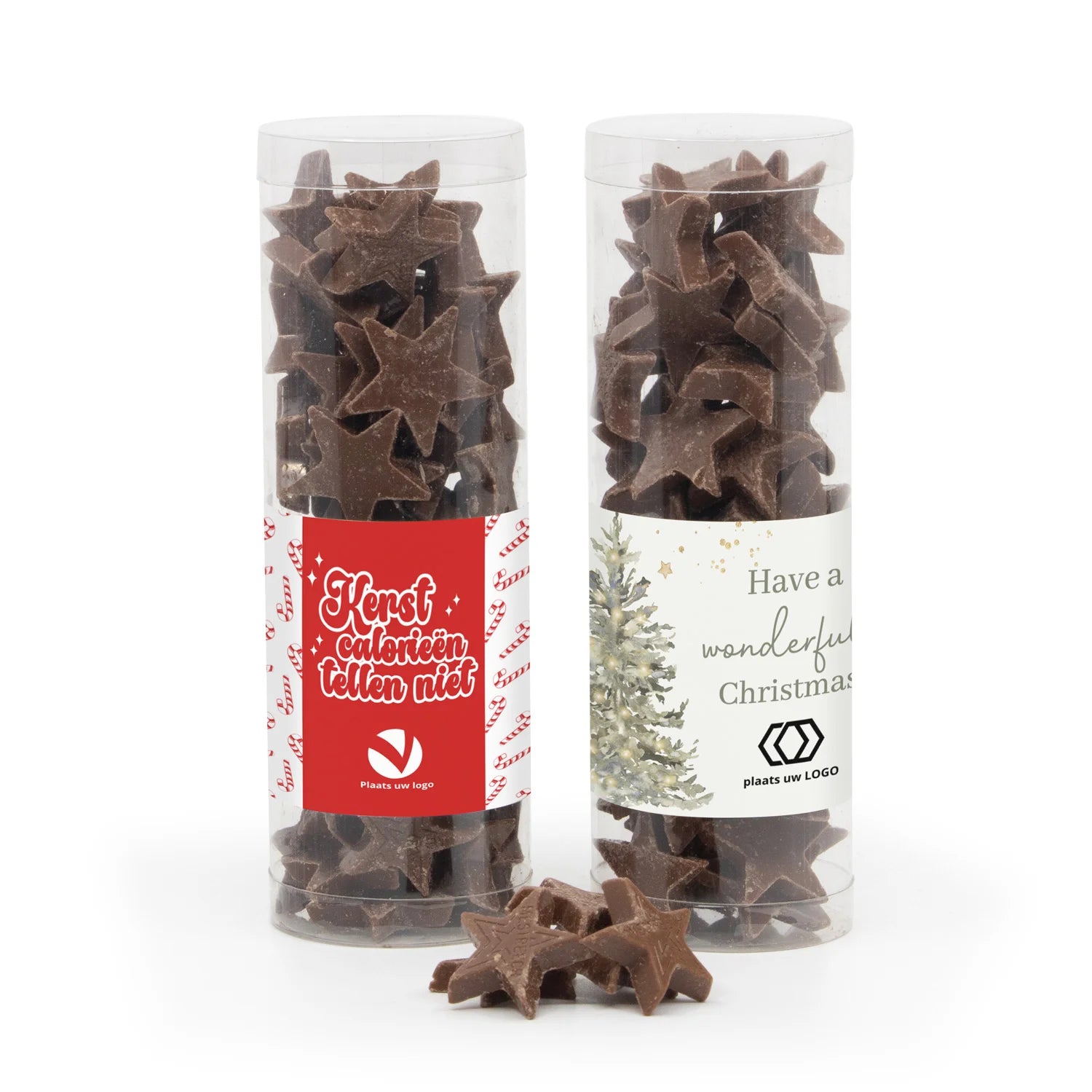 Koker met chocolade sterren en eigen etiket - Kerst - Bedankjes.nl