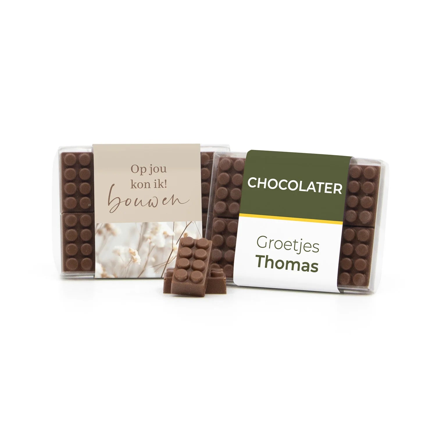 Chocolade bouwstenen met eigen sleeve - Afscheid Collega