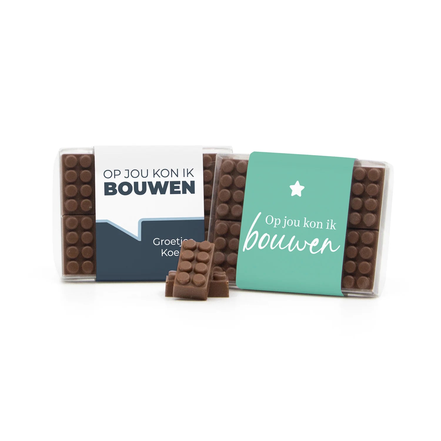 Chocolade bouwstenen met eigen sleeve - Afscheid Collega