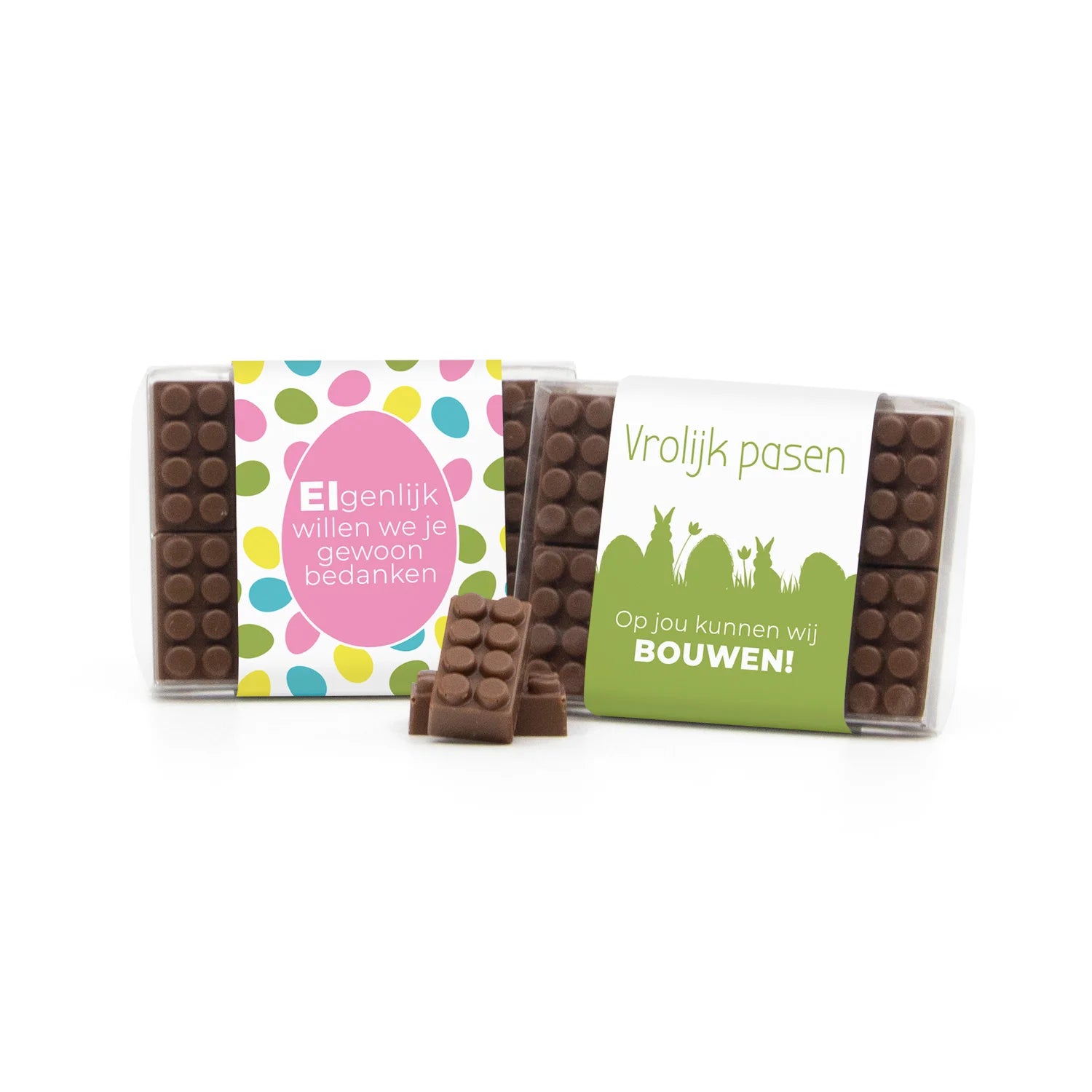 Doosje met 10 chocolade bouwstenen eigen sleeve - Pasen - Bedankjes.nl
