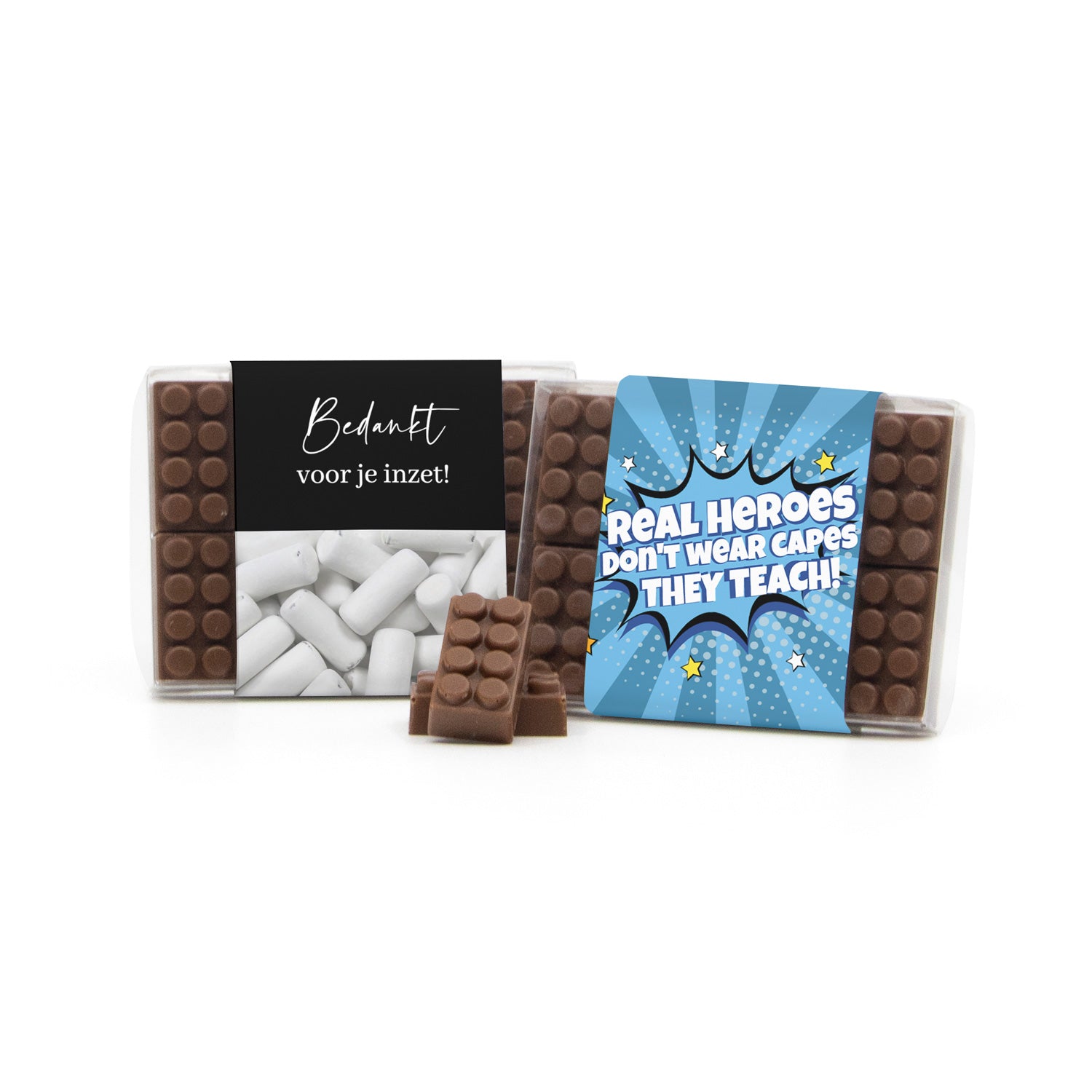 Chocolade bouwstenen met eigen sleeve - Leraar - Bedankjes.nl