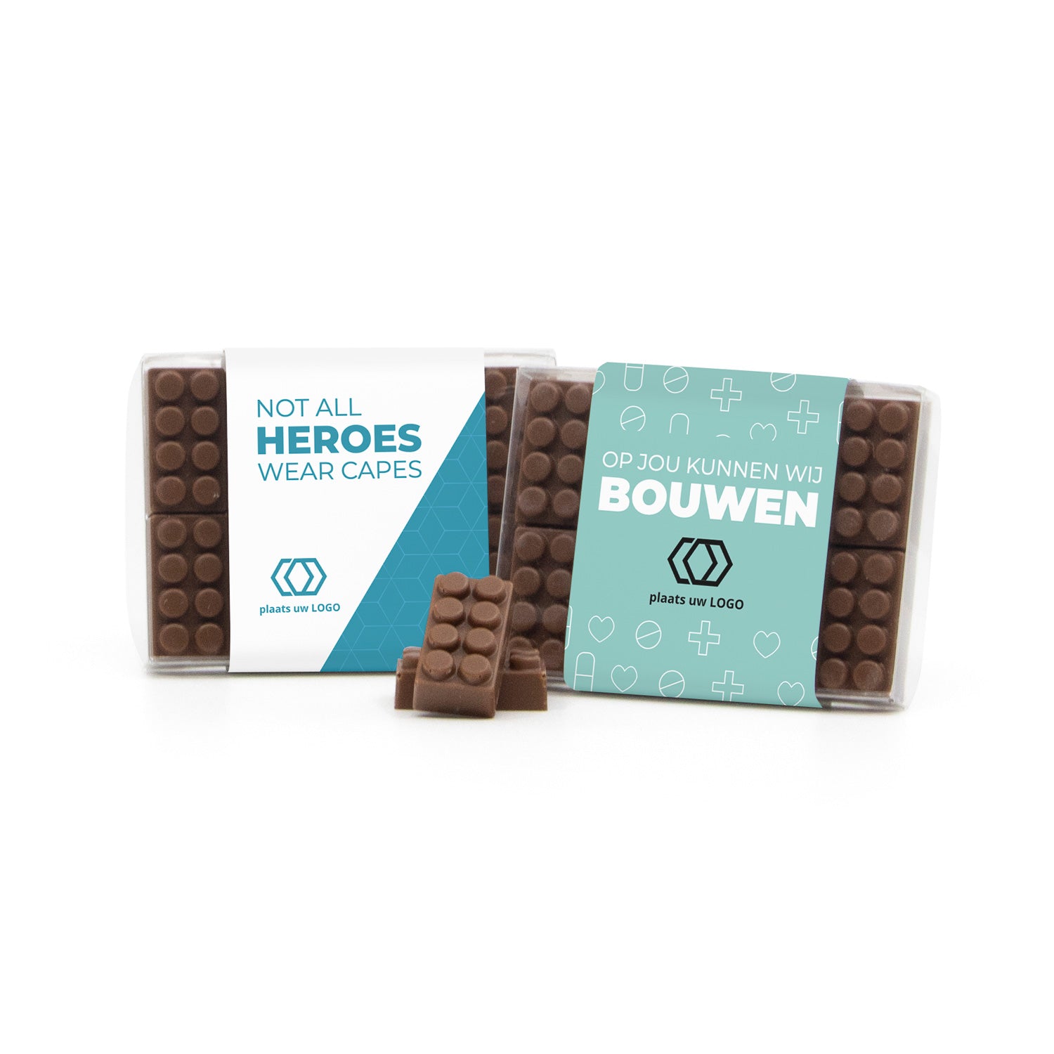 Chocolade bouwstenen met eigen sleeve - Verpleging - Bedankjes.nl