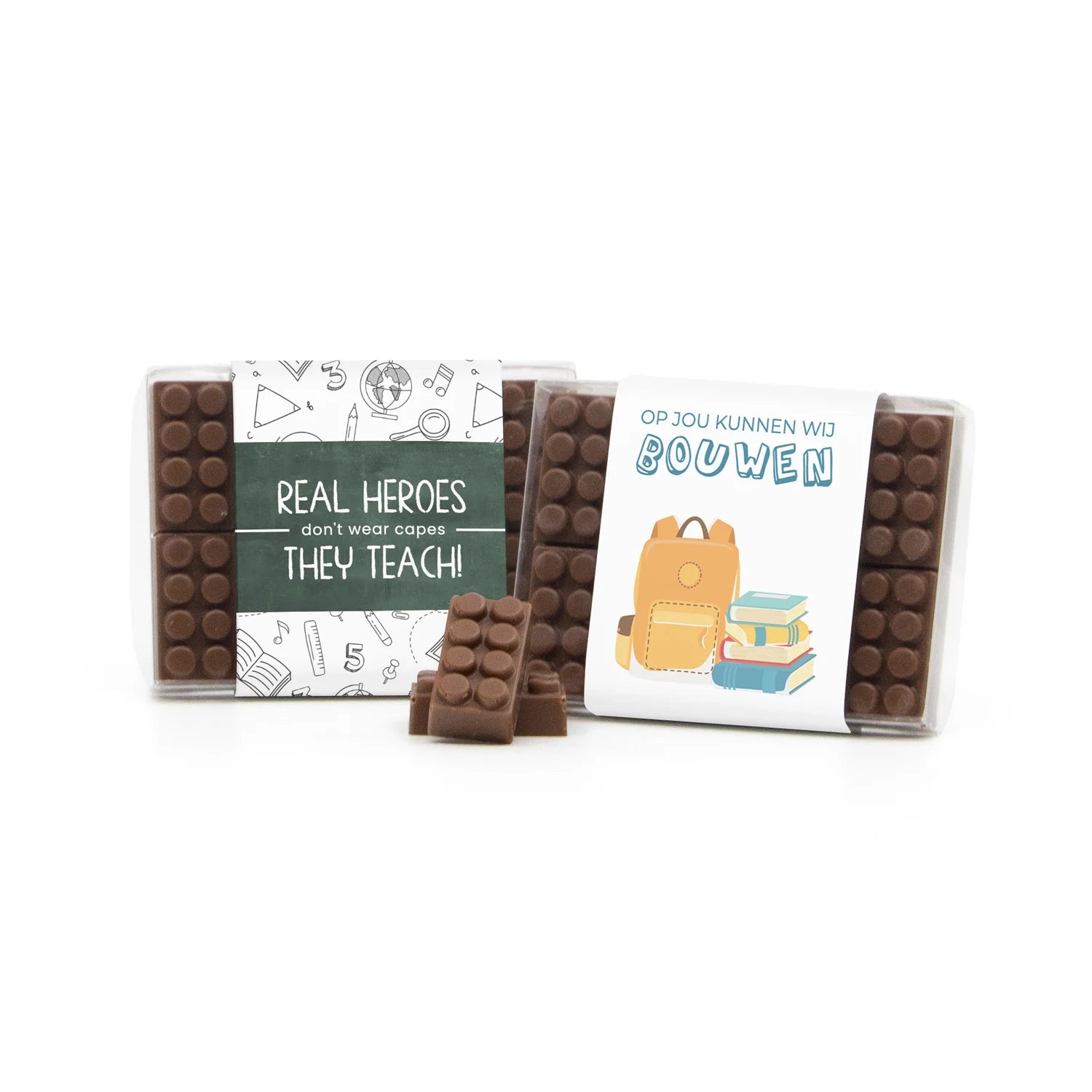Chocolade bouwstenen met eigen sleeve - Leraar - Bedankjes.nl