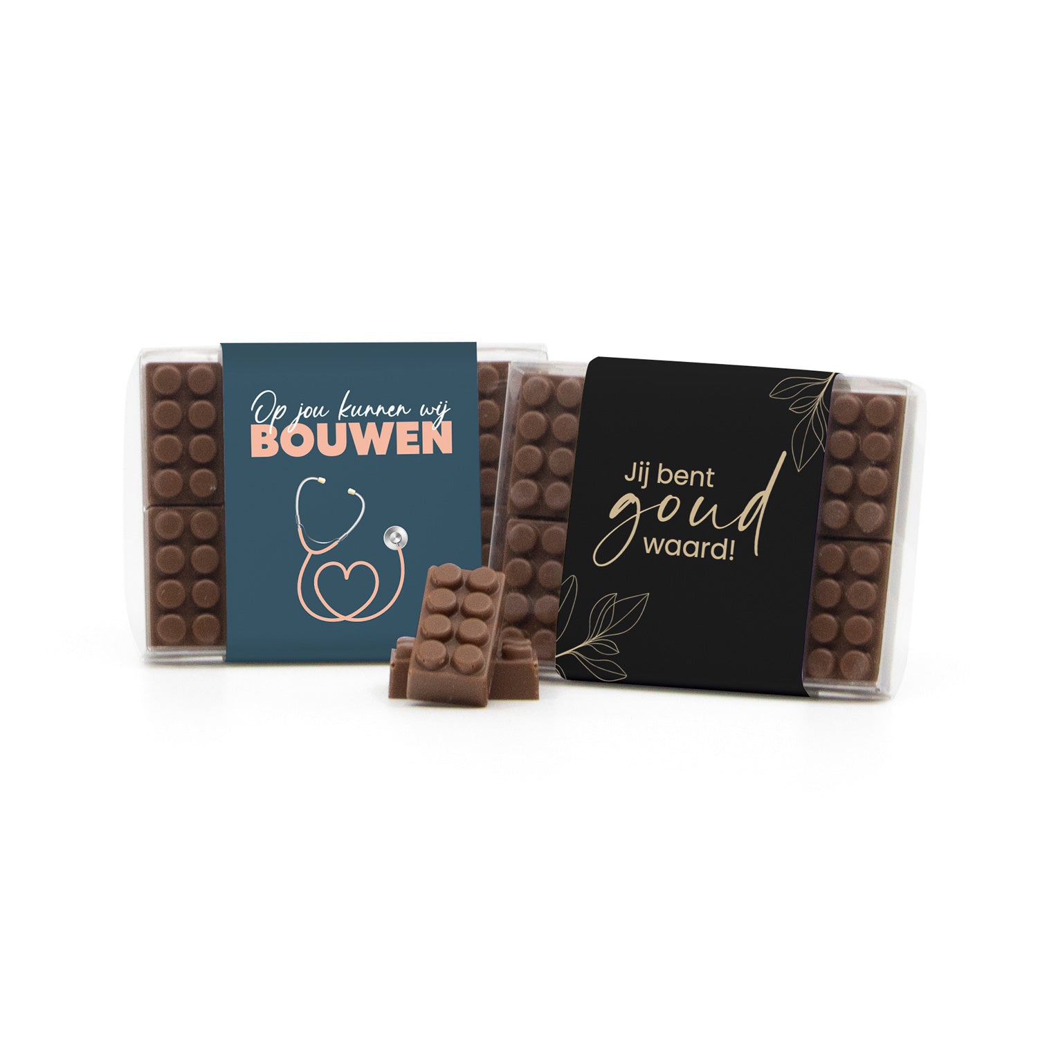 Chocolade bouwstenen met eigen sleeve - Verpleging - Bedankjes.nl