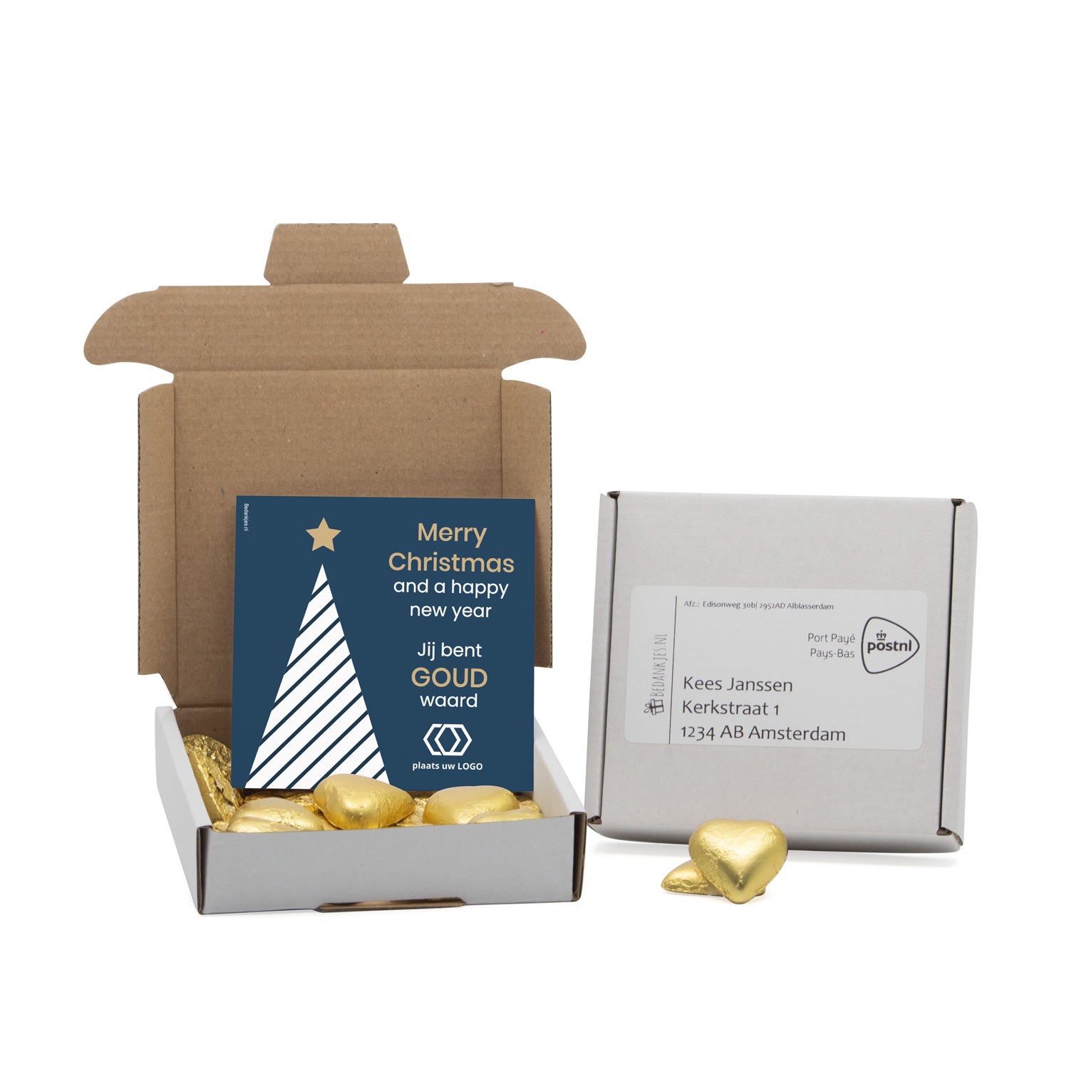 Vierkant doosje met gouden chocoladehartjes - Kerst - Bedankjes.nl