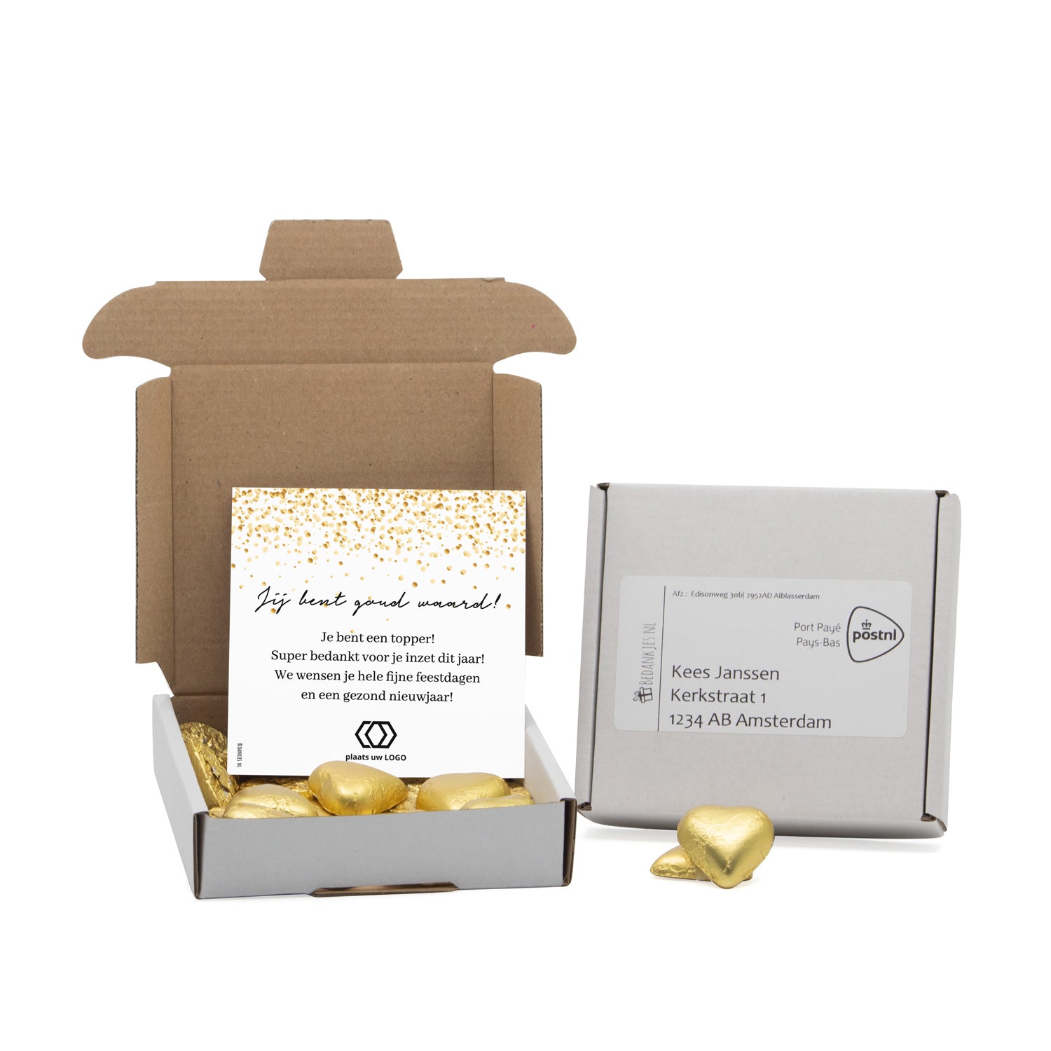 Vierkant doosje met gouden chocoladehartjes - Kerst - Bedankjes.nl