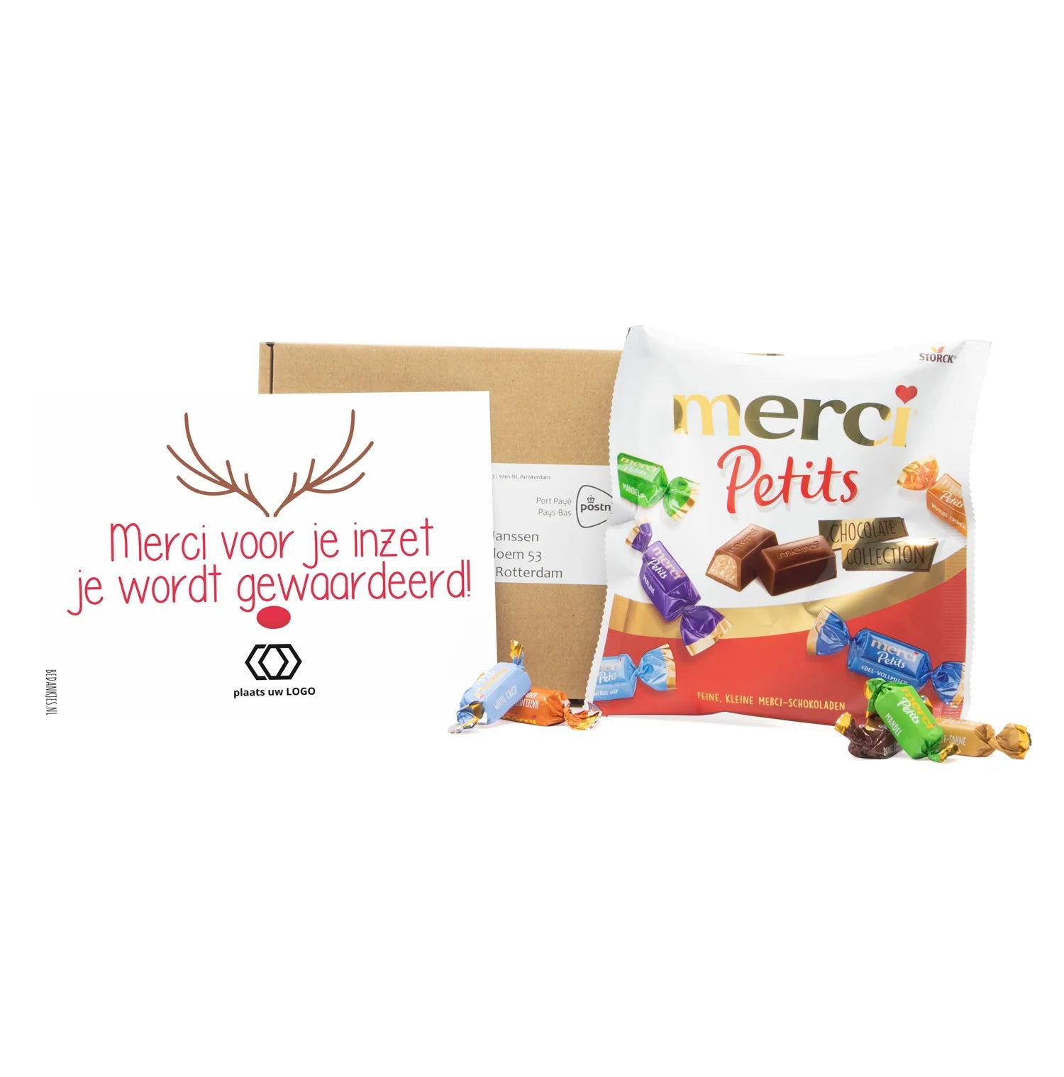 Doosje met mini Merci en persoonlijke kaart - Kerst - Bedankjes.nl