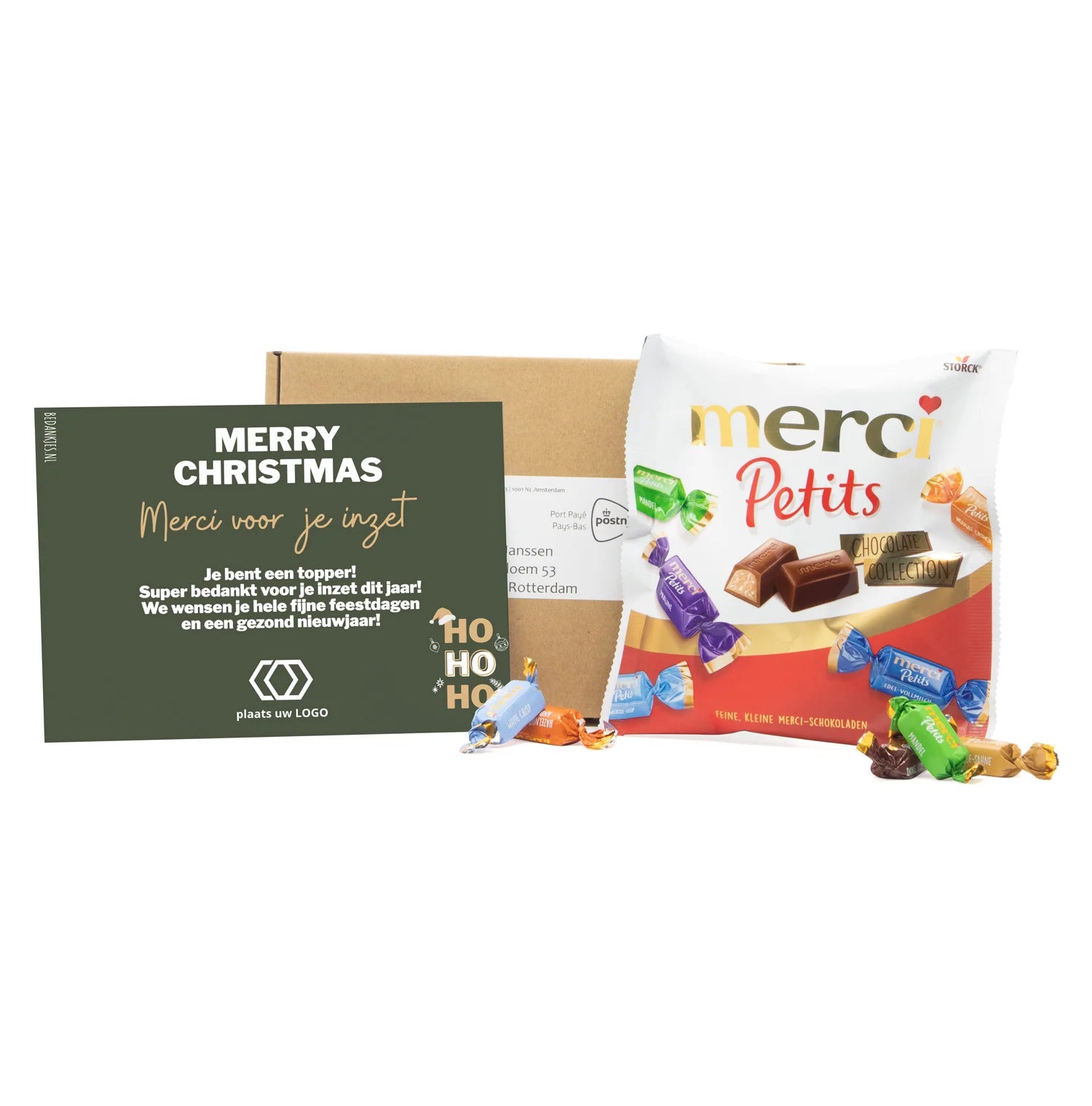 Doosje met mini Merci en persoonlijke kaart - Kerst - Bedankjes.nl