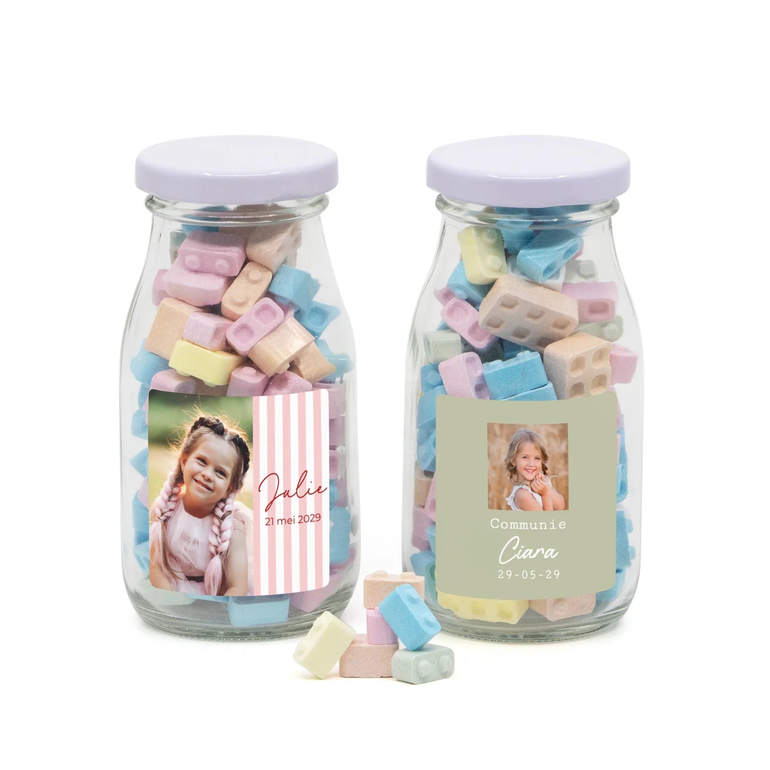 Glazen melkflesje met bouwsteentjes - Communie meisjes