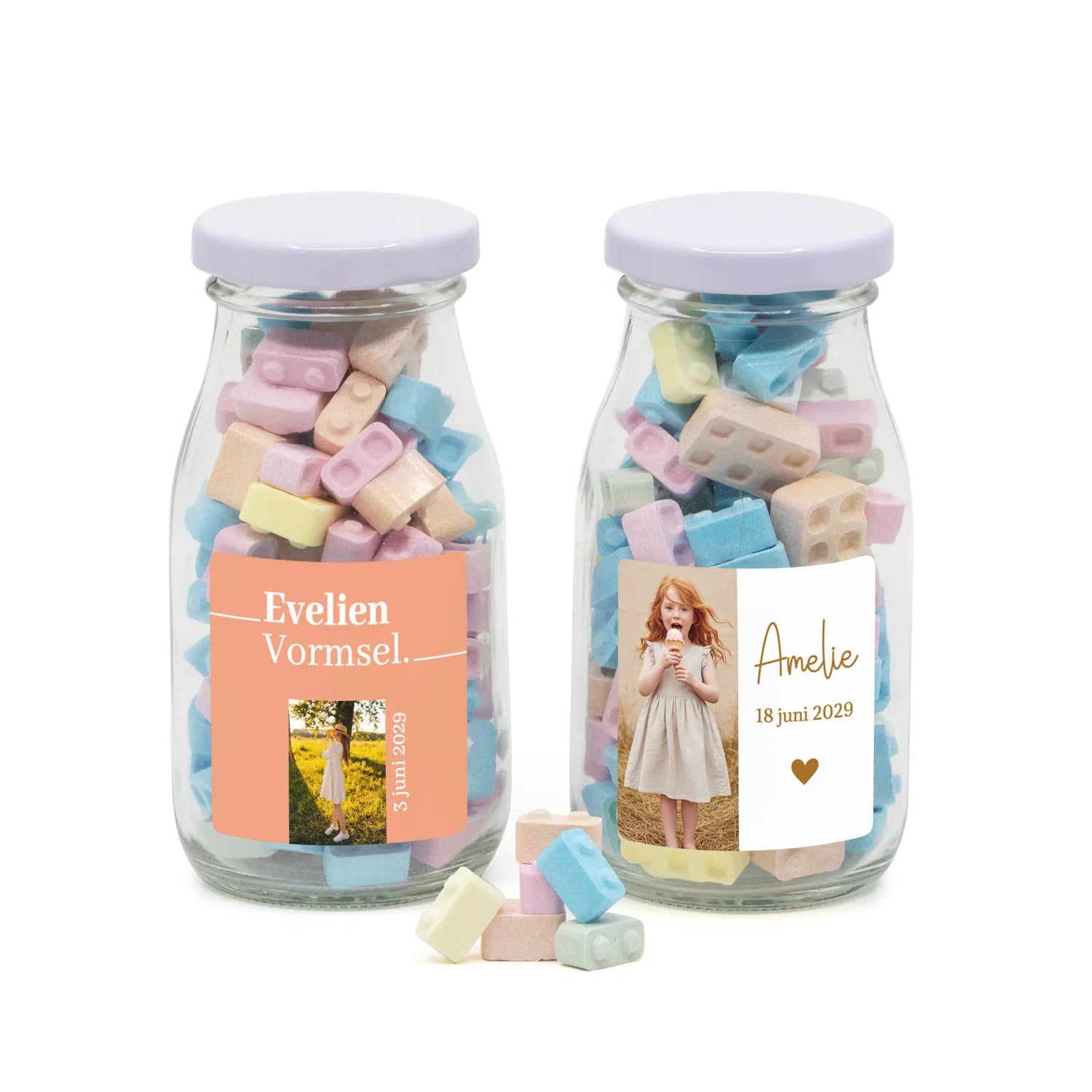 Glazen melkflesje met bouwsteentjes - Communie meisjes