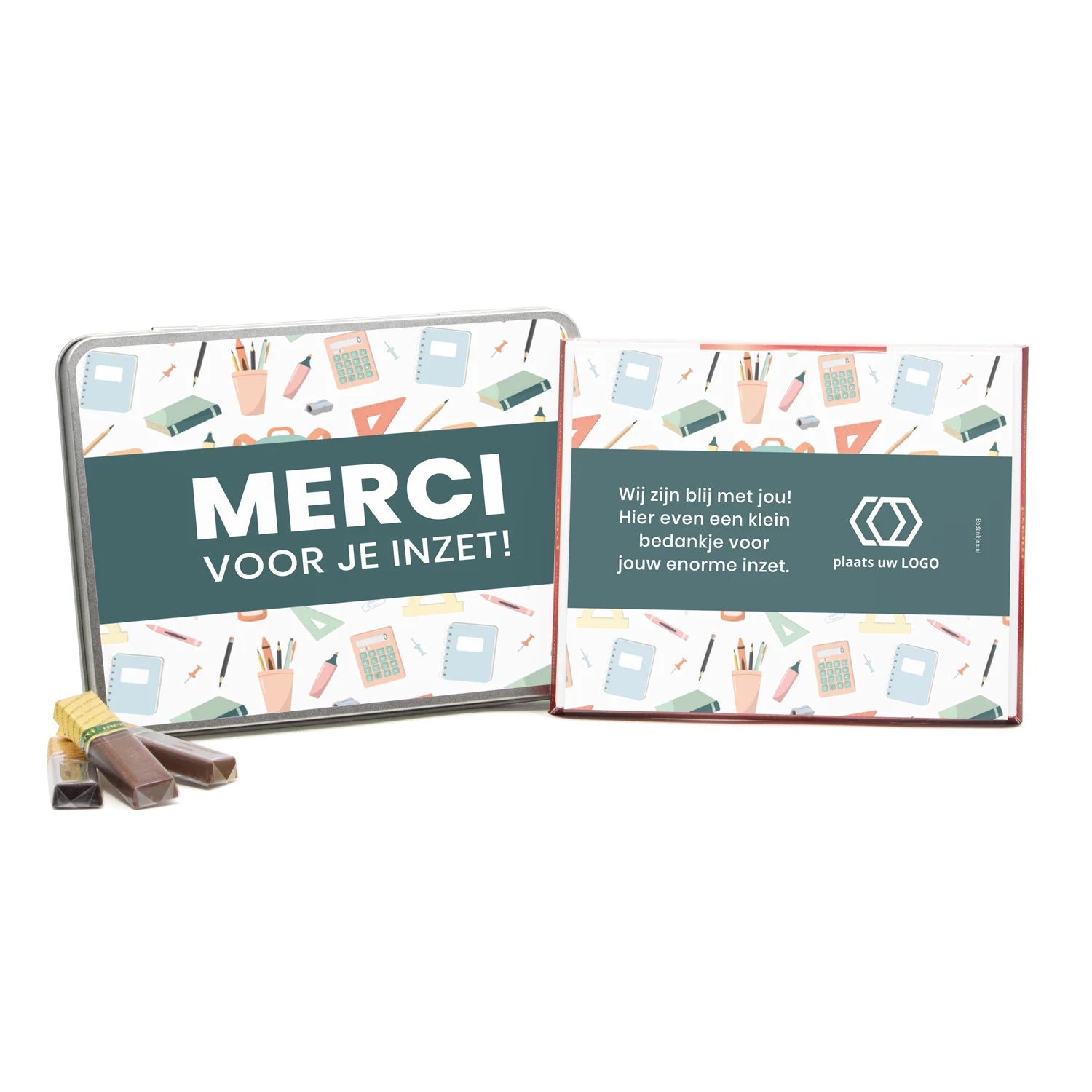 Blik met Merci doos en eigen logo - Leraar