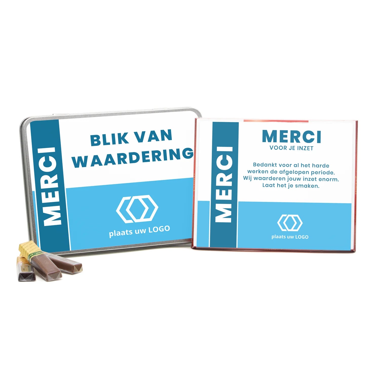 Blik met Merci doos en eigen logo - Zakelijk - Bedankjes.nl