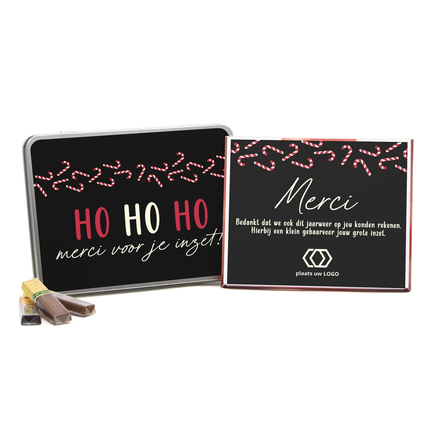 Blik met doos Merci en eigen etiket - Kerst - Bedankjes.nl