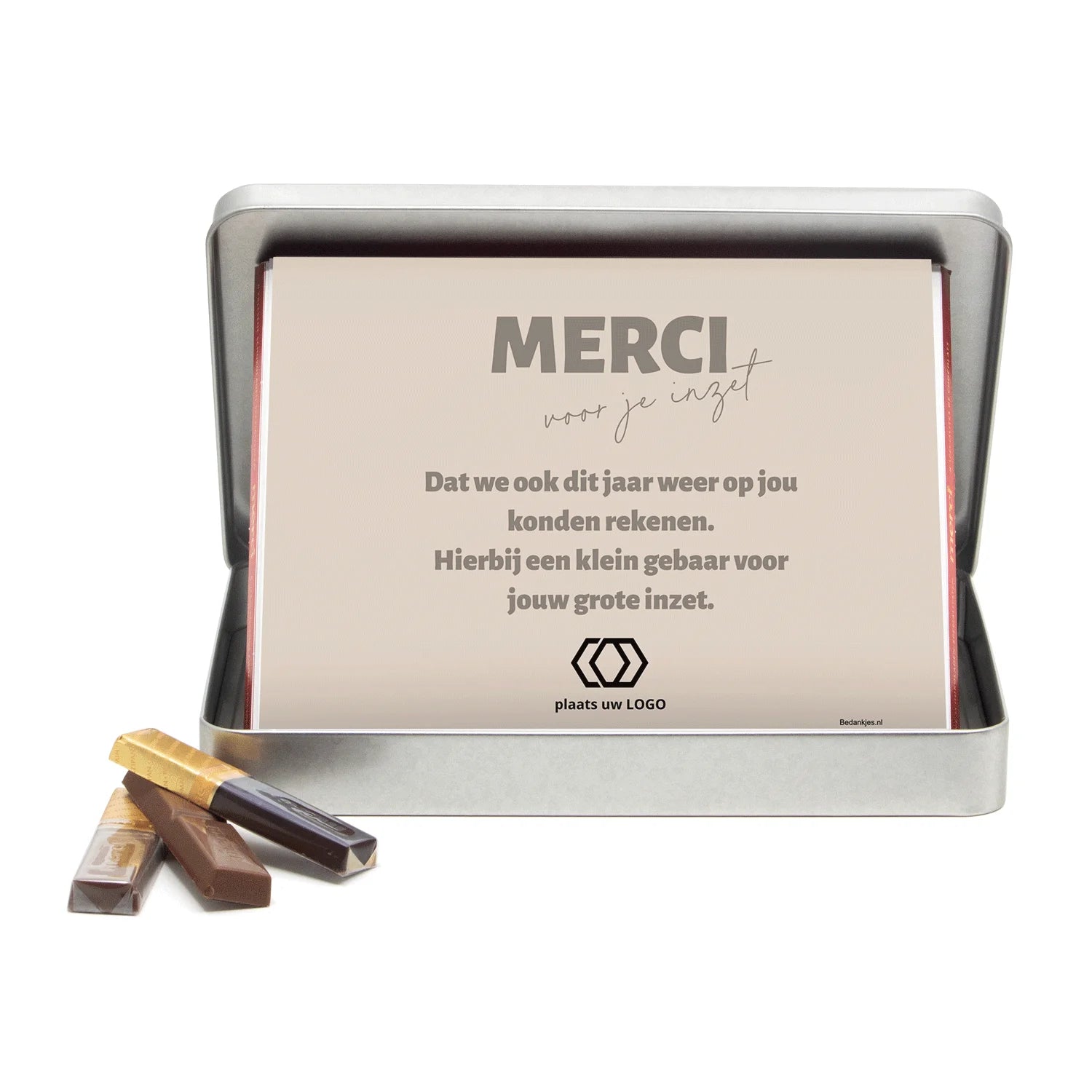 Blik met Merci doos en eigen logo - Zakelijk - Bedankjes.nl
