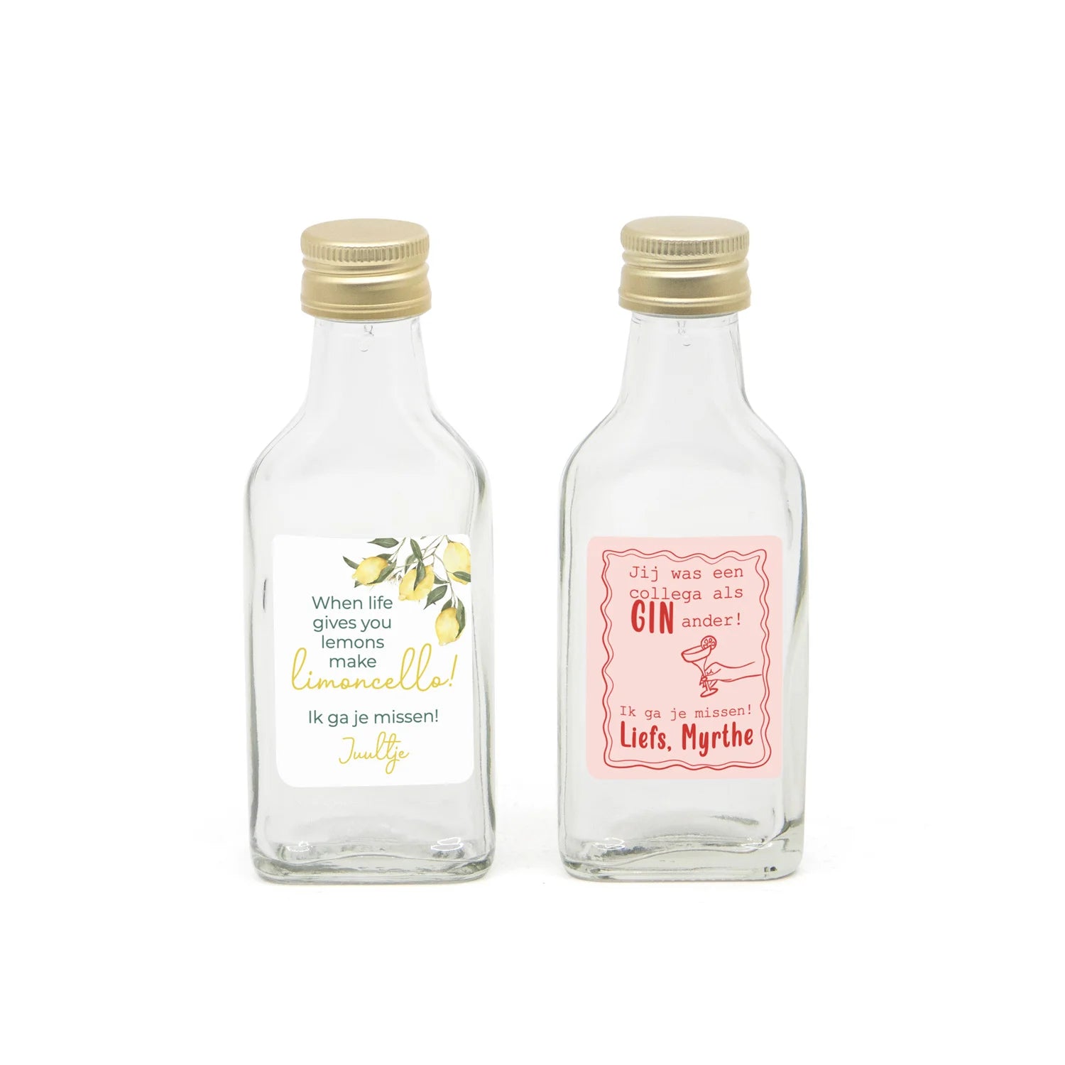 Glazen drank flesje(40cl) met eigen etiket- Afscheid collega - Bedankjes.nl