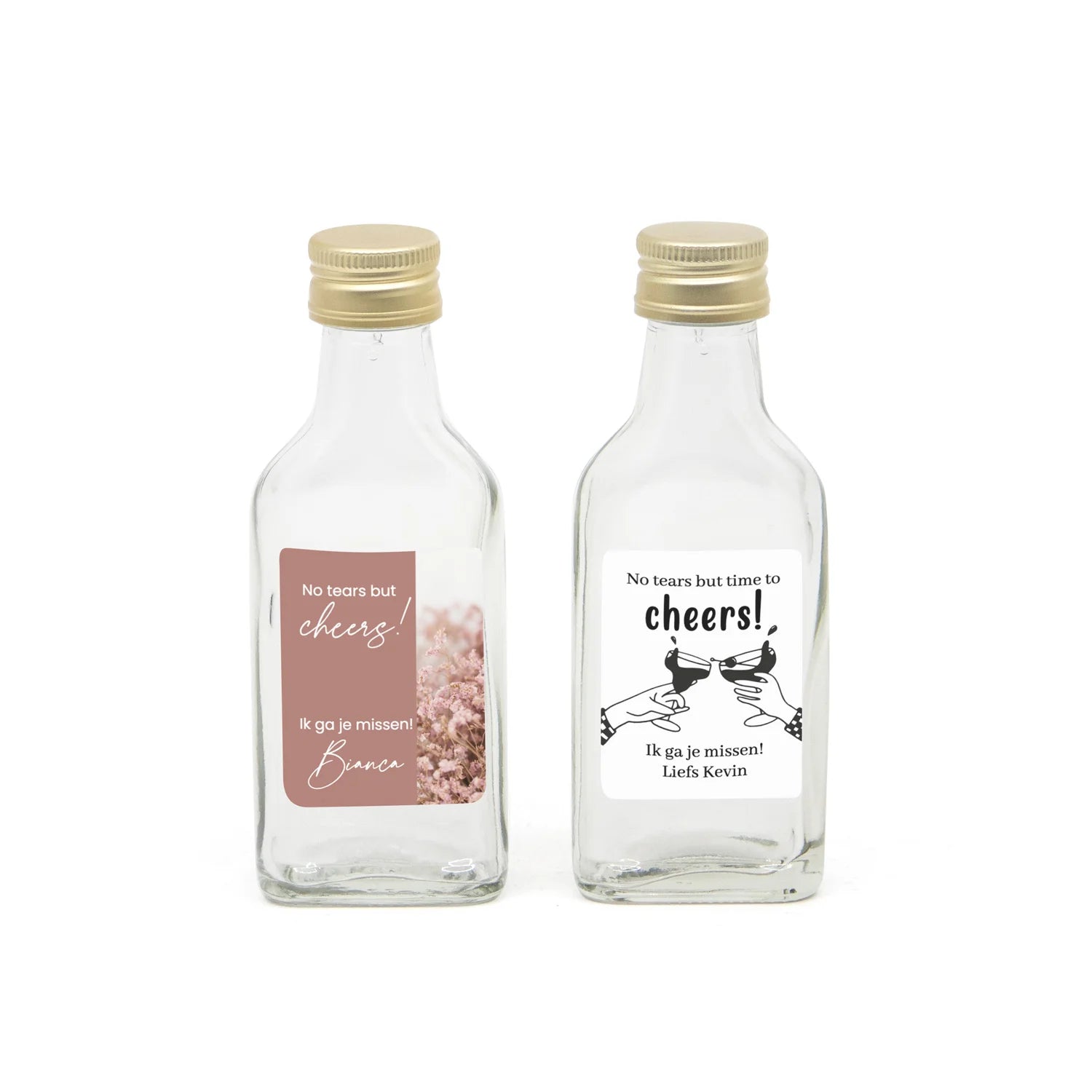 Glazen drank flesje(40cl) met eigen etiket- Afscheid collega - Bedankjes.nl