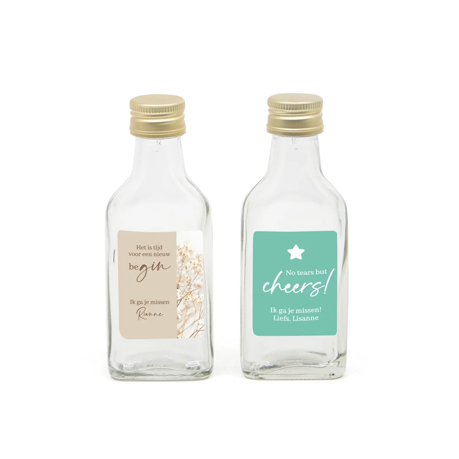 Glazen drank flesje(40cl) met eigen etiket- Afscheid collega - Bedankjes.nl