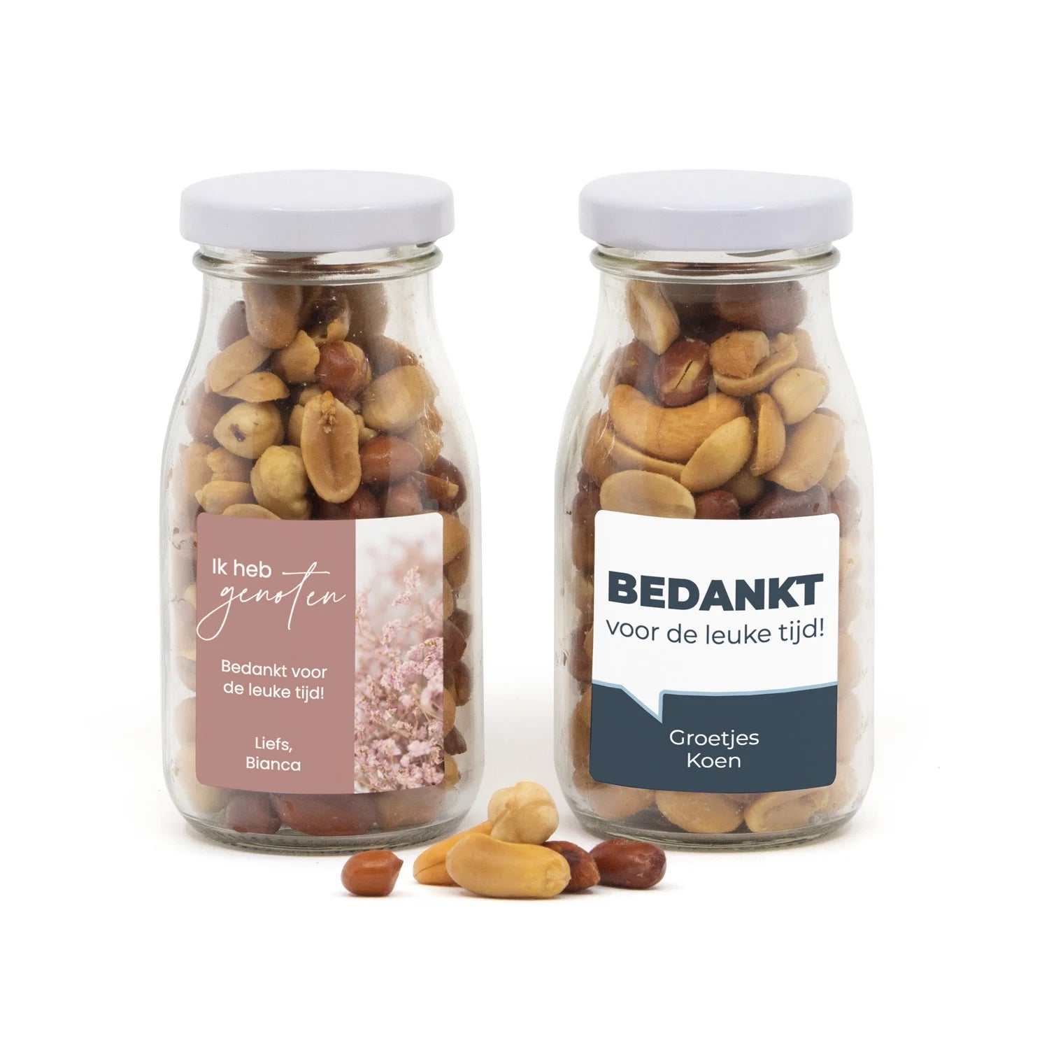 Glazen melkflesje met verse nootjes - Afscheid collega - Bedankjes.nl