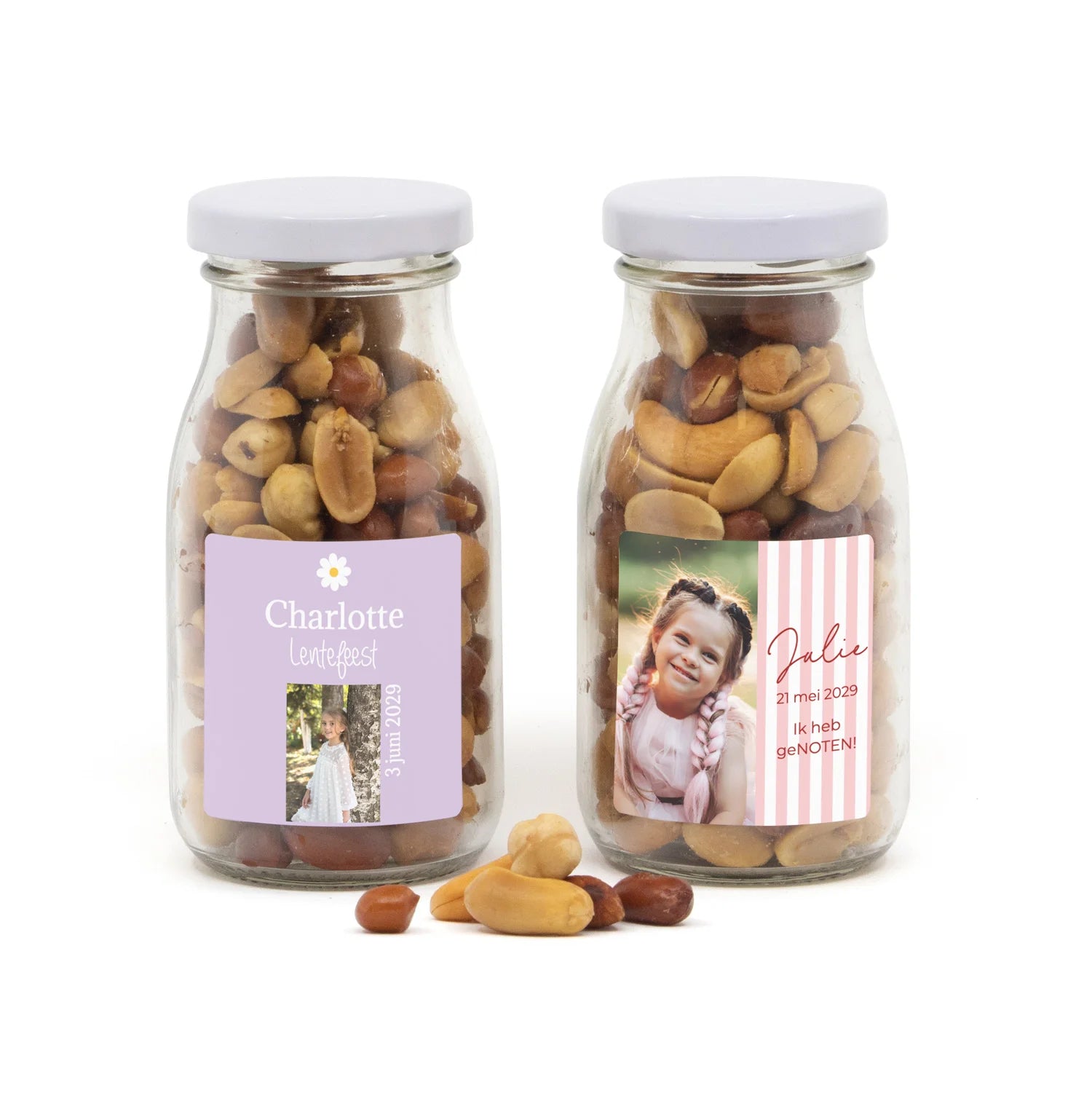 Glazen melkflesje met verse nootjes - Communie meisjes